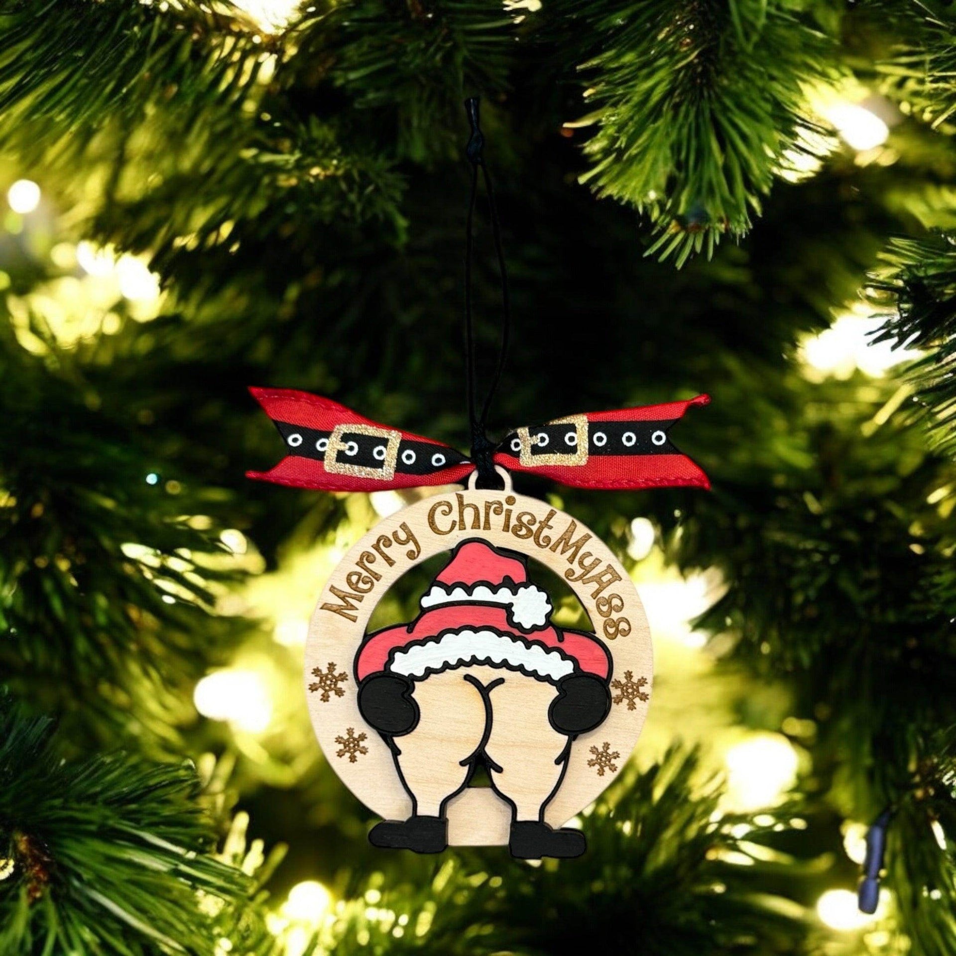 Humorous Wooden Christmas Ornaments - “Merry ChristMyA” and “2024 Can Kiss” - Funny Holiday Decor - Coastal Chaos LLC