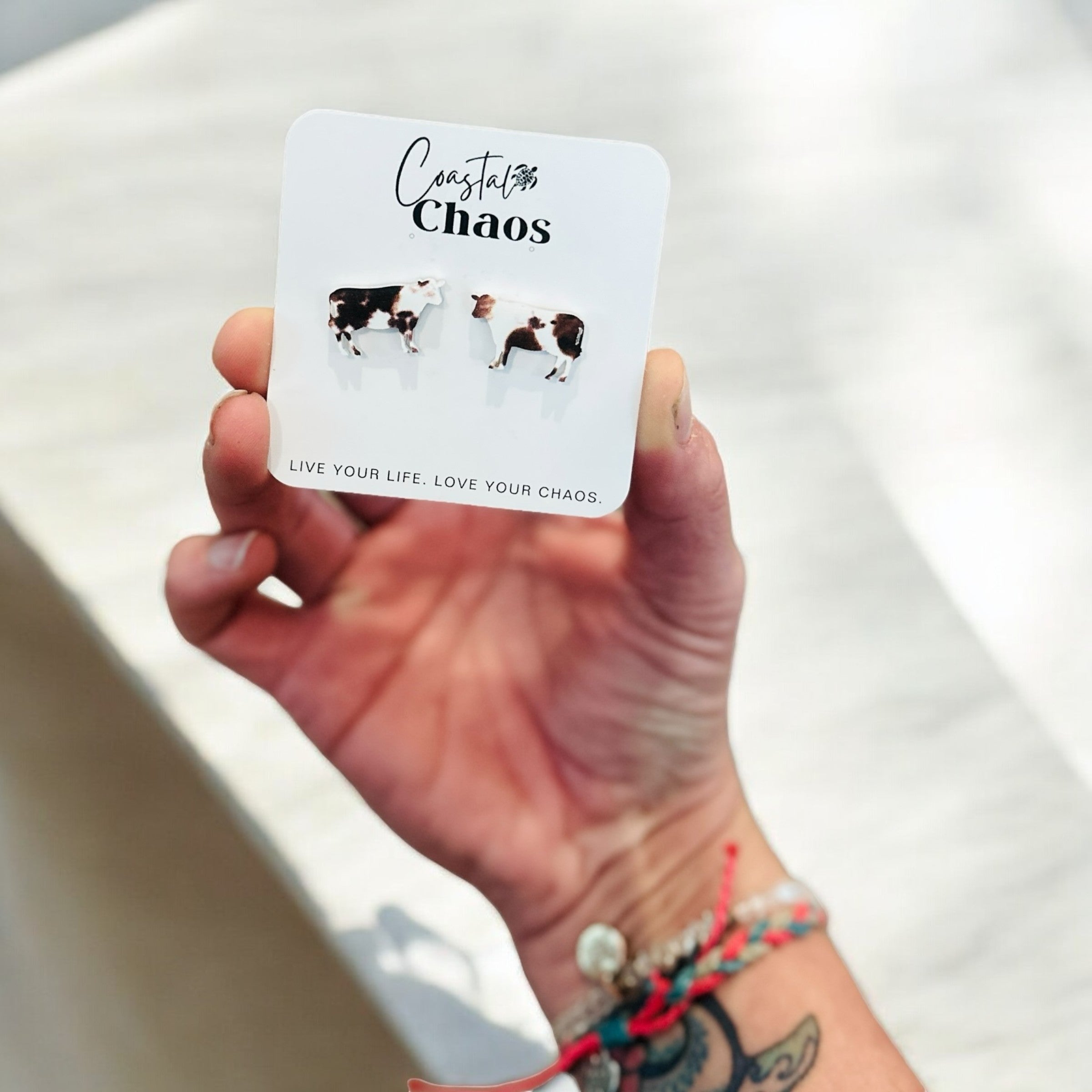 A person's hand holding a small white card with a picture of two cows and the text "Coastal Chaos" printed on it.