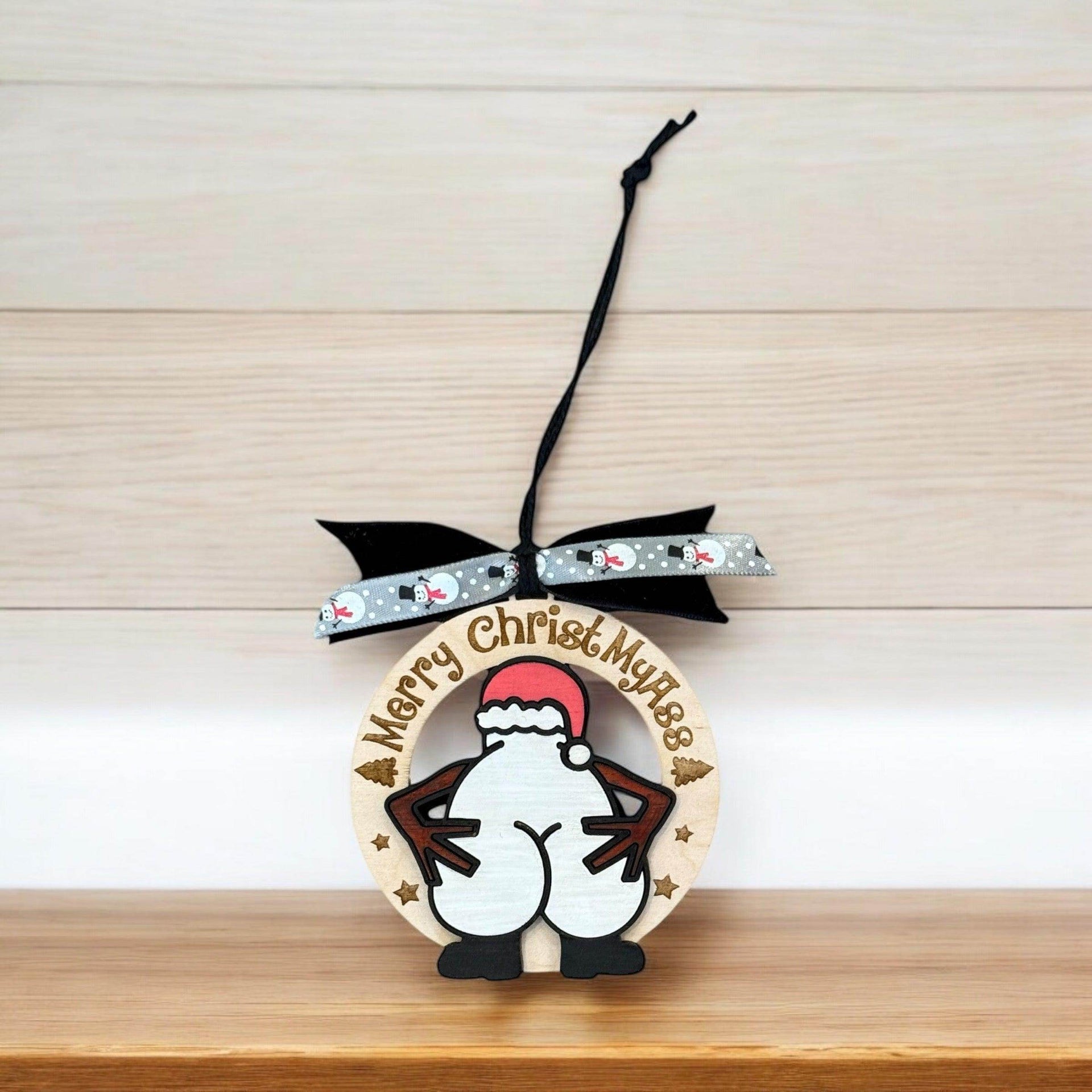 Humorous Wooden Christmas Ornaments - “Merry ChristMyA” and “2024 Can Kiss” - Funny Holiday Decor - Coastal Chaos LLC