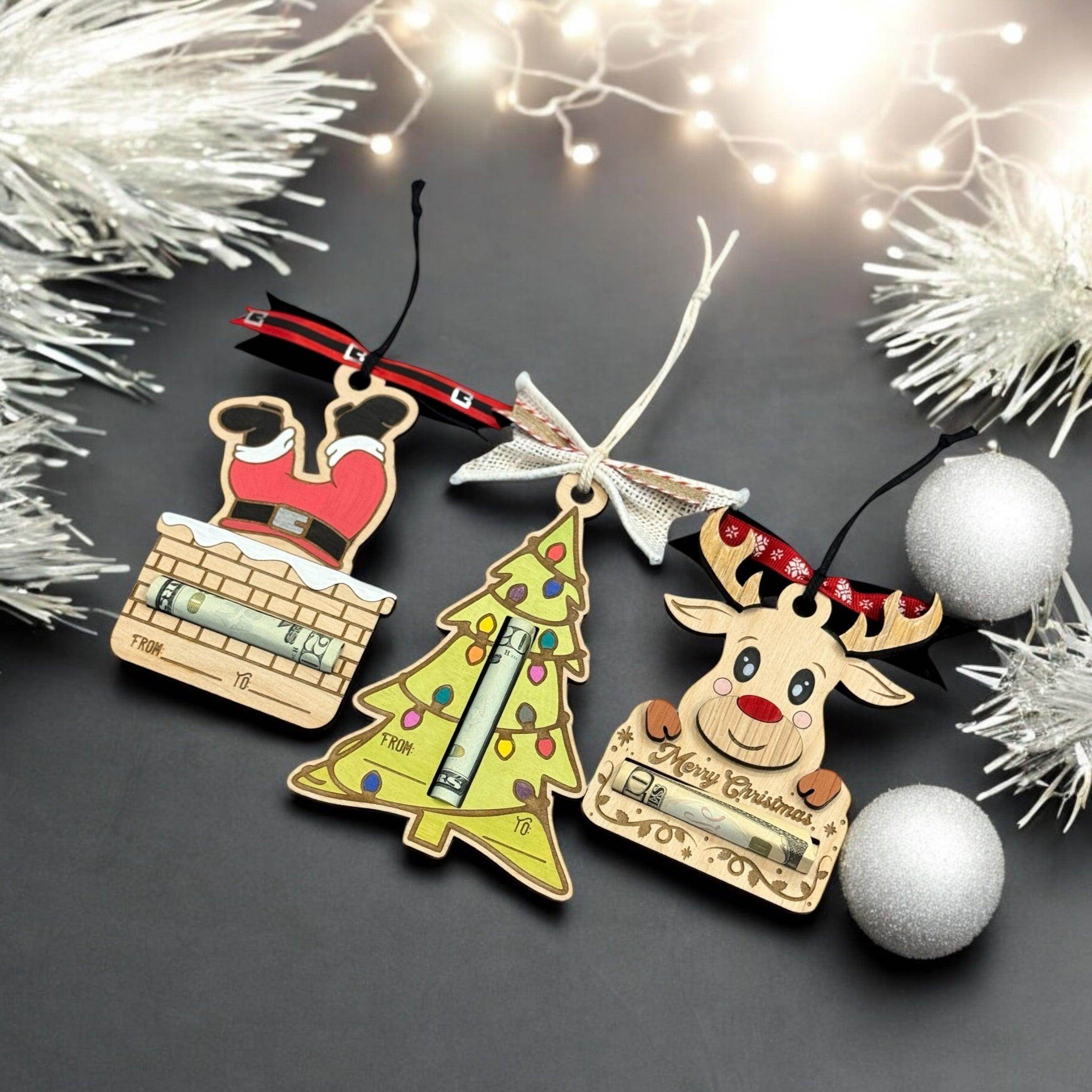 Festive Wooden Money Holder Christmas Ornaments - Santa, Reindeer, & Tree - Unique Holiday Gift (Money Not Included) - Coastal Chaos LLC
