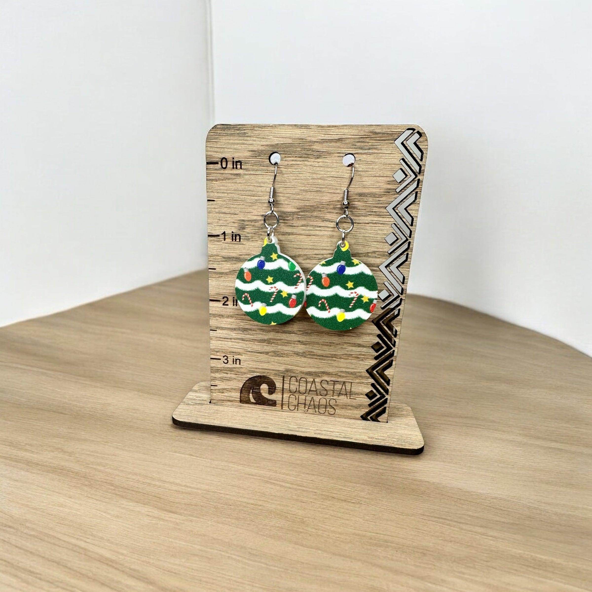 Christmas tree print ornament acrylic dangle & stud Earrings, Christmas present, earrings, sassy, fun, womens gift, jewelry - Coastal Chaos LLC