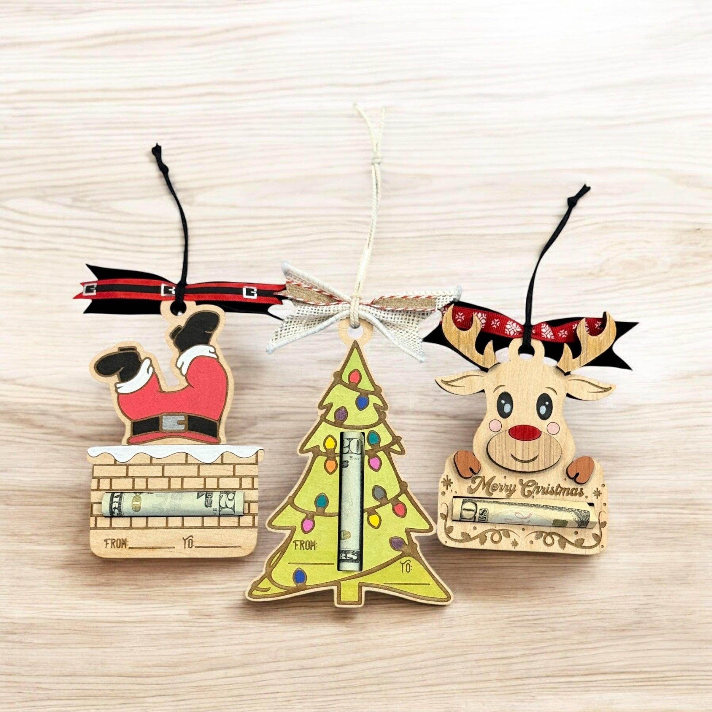 Festive Wooden Money Holder Christmas Ornaments - Santa, Reindeer, & Tree - Unique Holiday Gift (Money Not Included) - Coastal Chaos LLC