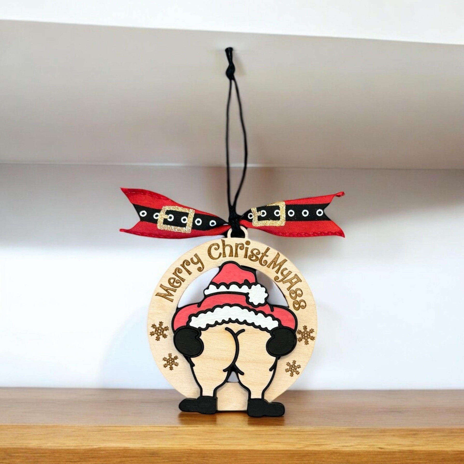Humorous Wooden Christmas Ornaments - “Merry ChristMyA” and “2024 Can Kiss” - Funny Holiday Decor - Coastal Chaos LLC