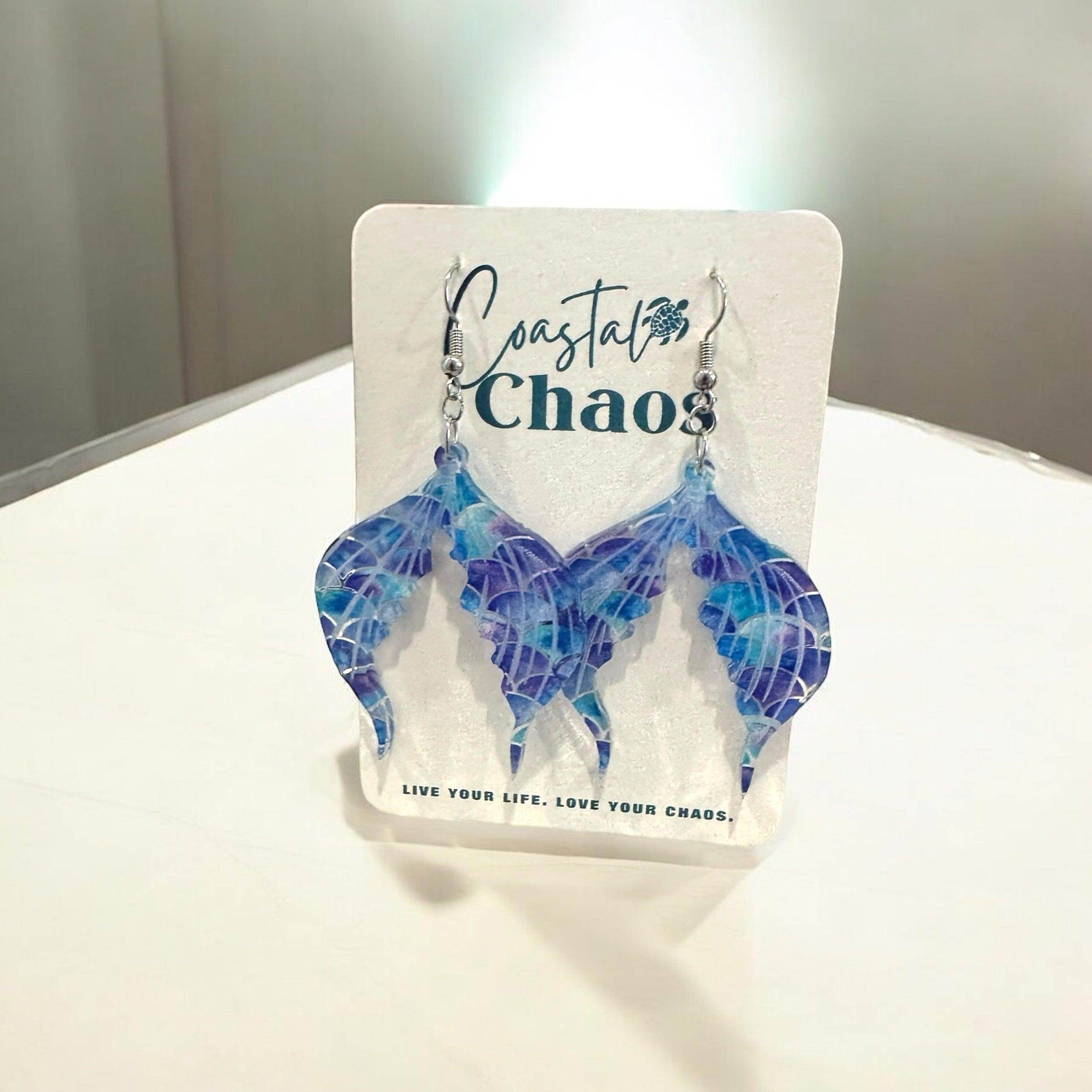 Mermaid pattern earrings, leaf, mermaid tail, mermaid scales, dangle earrings - Coastal Chaos LLC