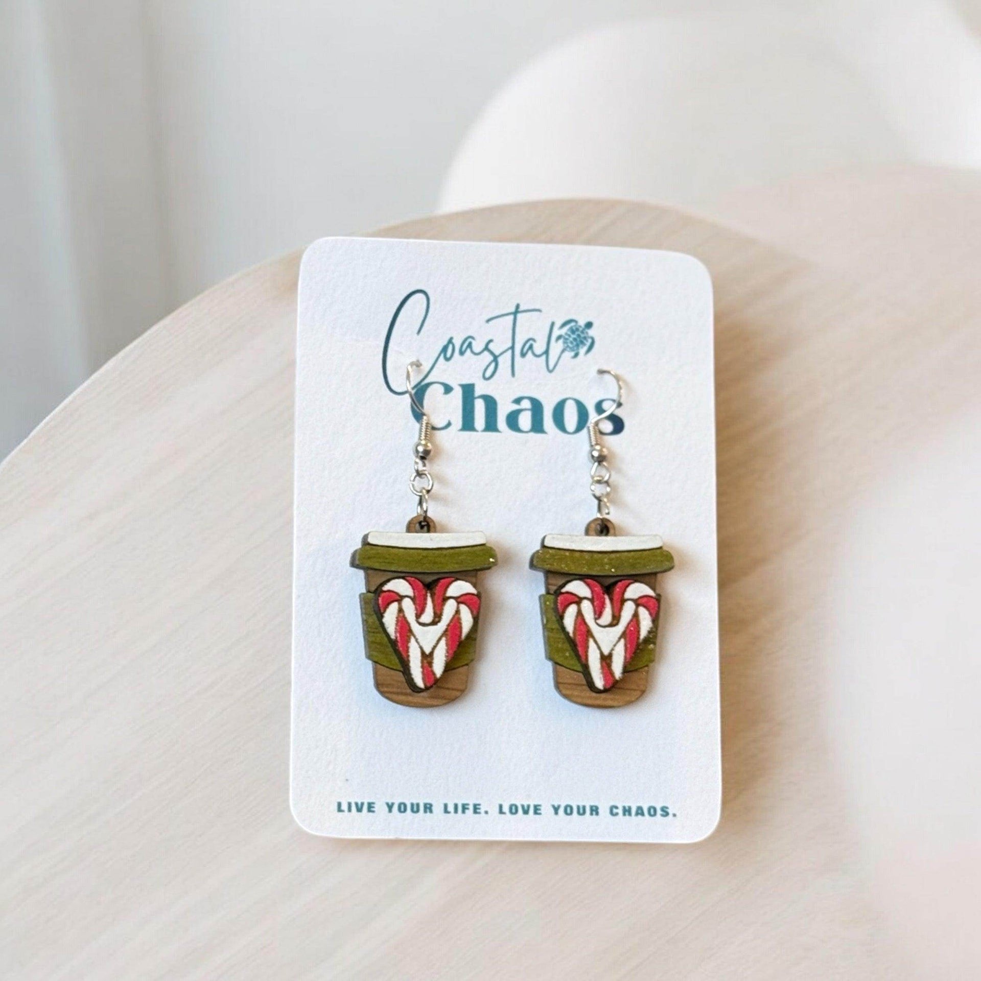 Holiday Coffee Cup Earrings - Festive Christmas Jewelry with Candy Cane Heart - Coastal Chaos LLC