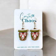 Holiday Coffee Cup Earrings - Festive Christmas Jewelry with Candy Cane Heart - Coastal Chaos LLC