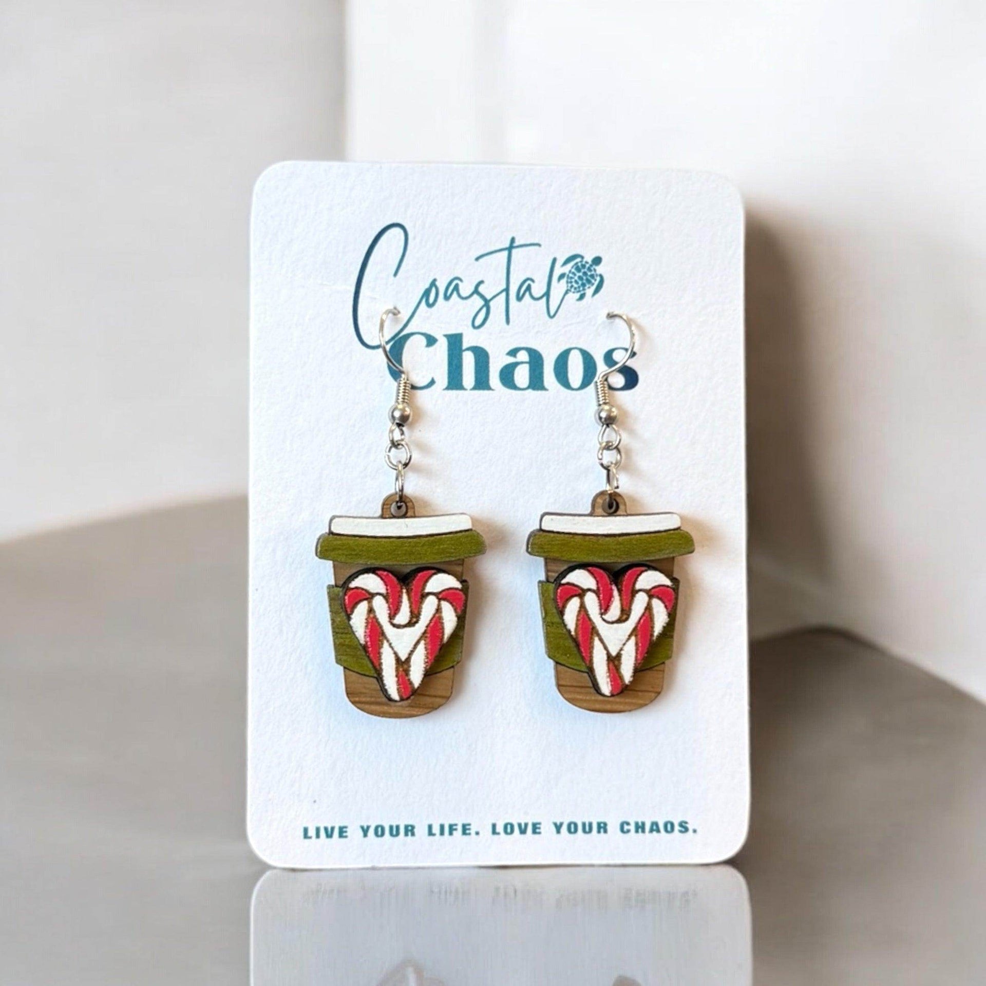 Holiday Coffee Cup Earrings - Festive Christmas Jewelry with Candy Cane Heart - Coastal Chaos LLC