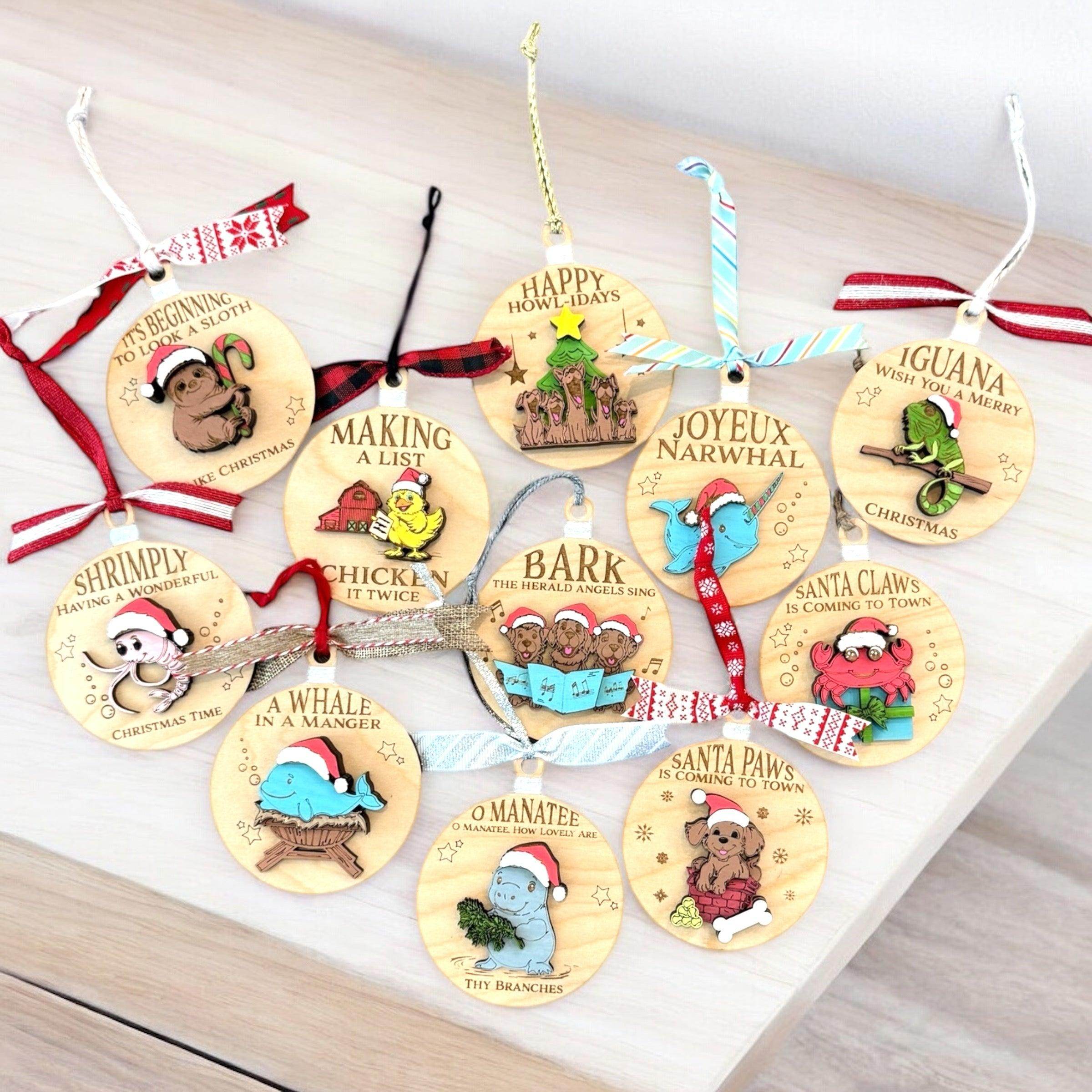 Fun animal ornaments, handcrafted wooden Christmas ornaments - Coastal Chaos LLC