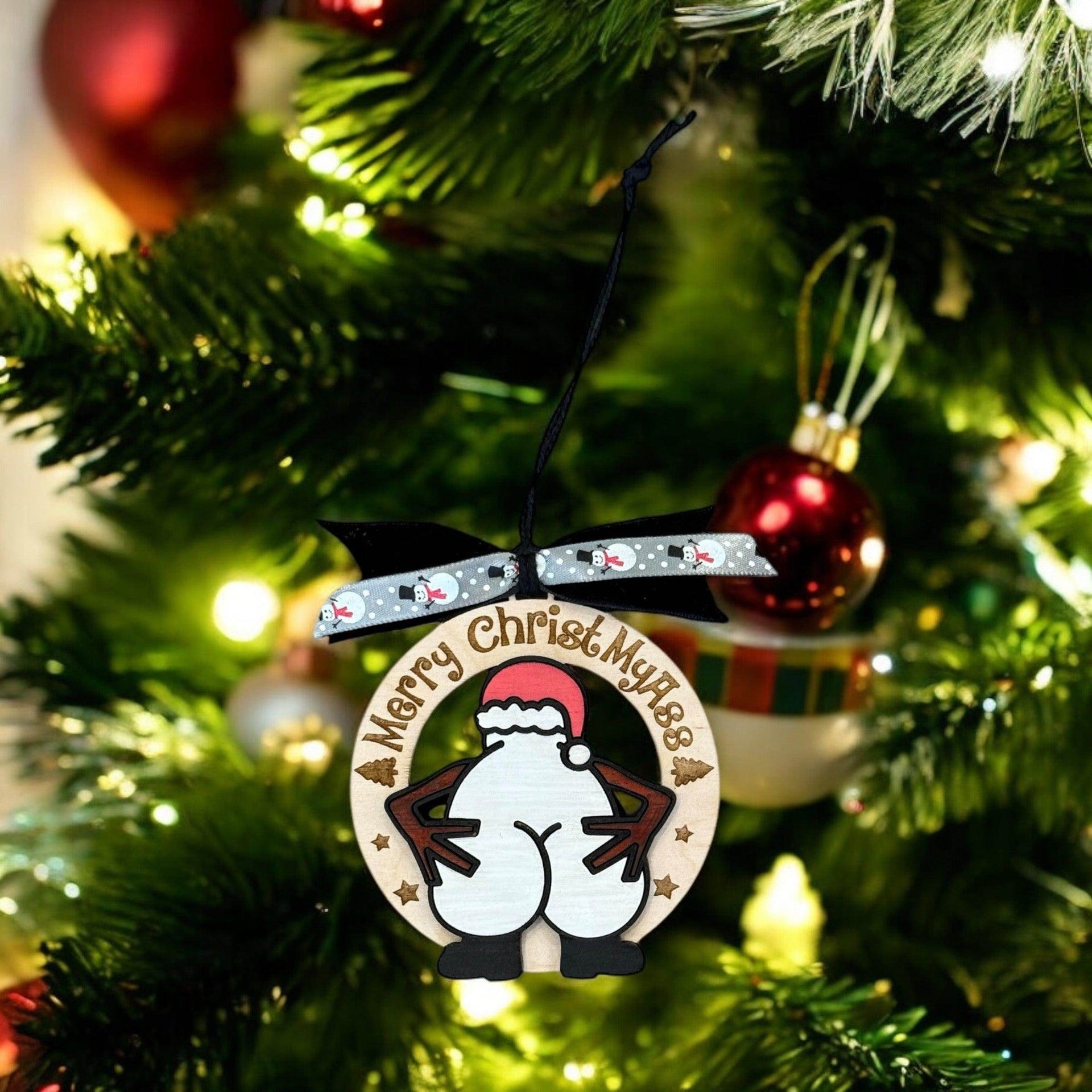 Humorous Wooden Christmas Ornaments - “Merry ChristMyA” and “2024 Can Kiss” - Funny Holiday Decor - Coastal Chaos LLC