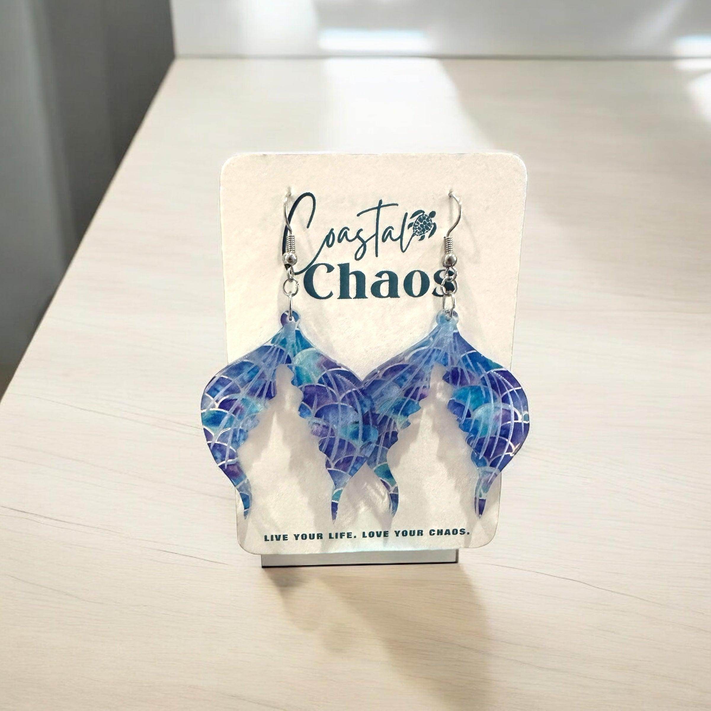 Mermaid pattern earrings, leaf, mermaid tail, mermaid scales, dangle earrings - Coastal Chaos LLC