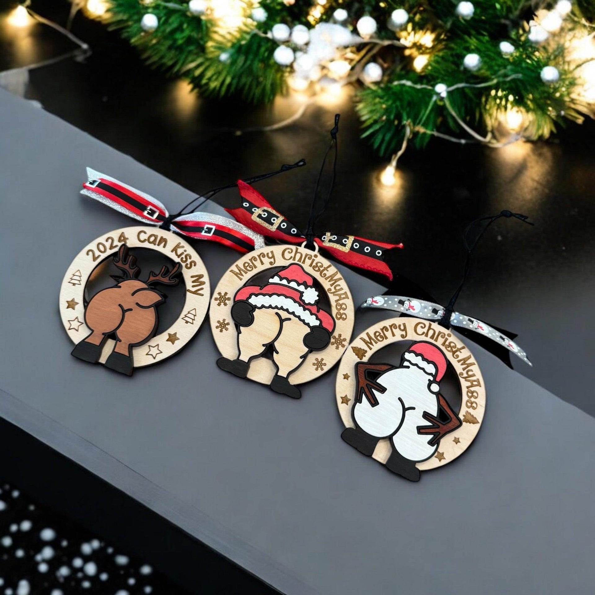 Humorous Wooden Christmas Ornaments - “Merry ChristMyA” and “2024 Can Kiss” - Funny Holiday Decor - Coastal Chaos LLC