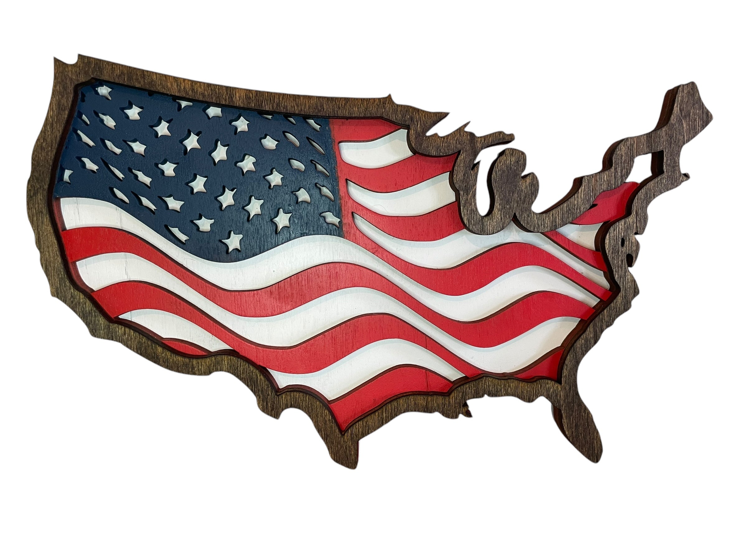 The image is a wooden cutout of the United States of America, featuring the American flag as the central design element.