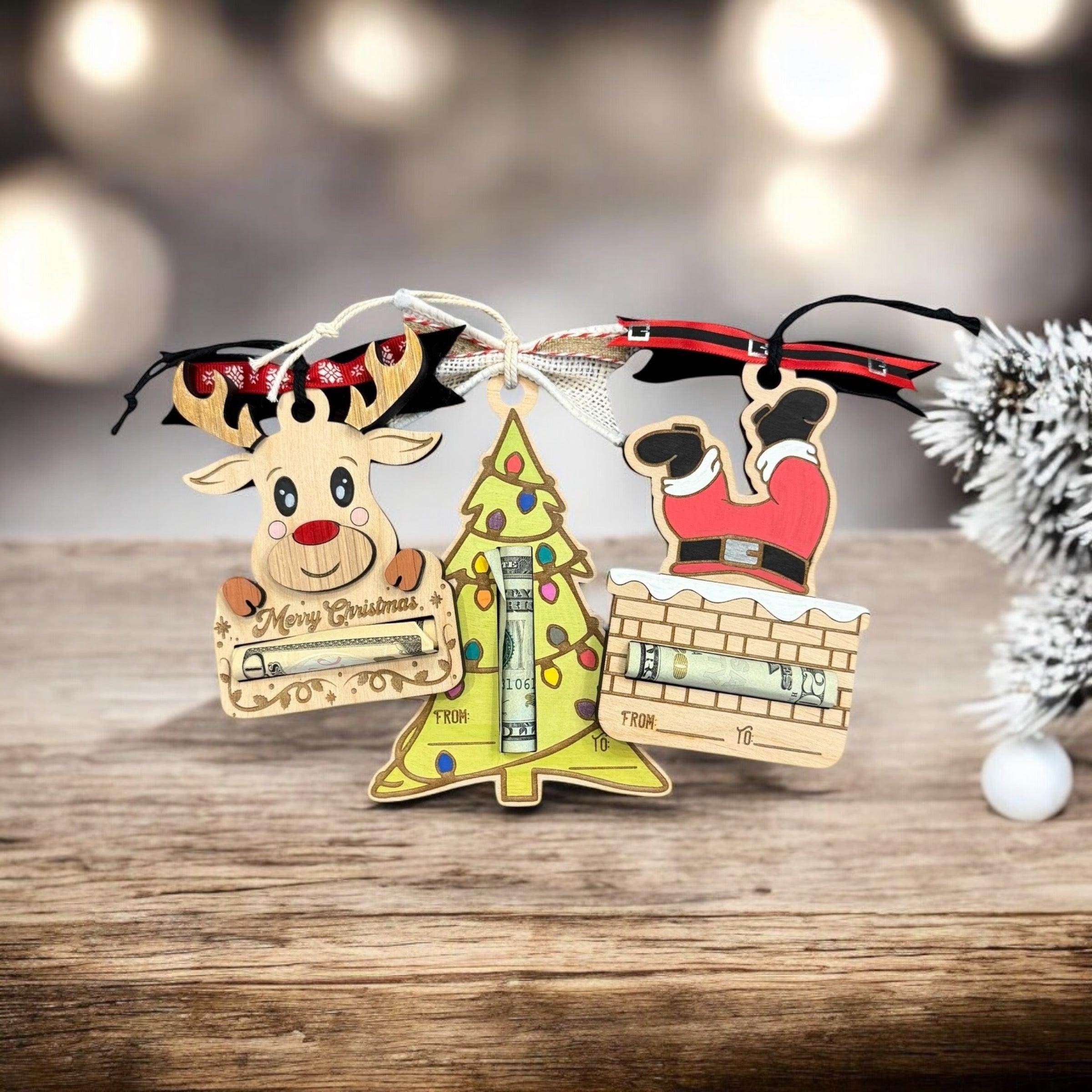 Festive Wooden Money Holder Christmas Ornaments - Santa, Reindeer, & Tree - Unique Holiday Gift (Money Not Included) - Coastal Chaos LLC