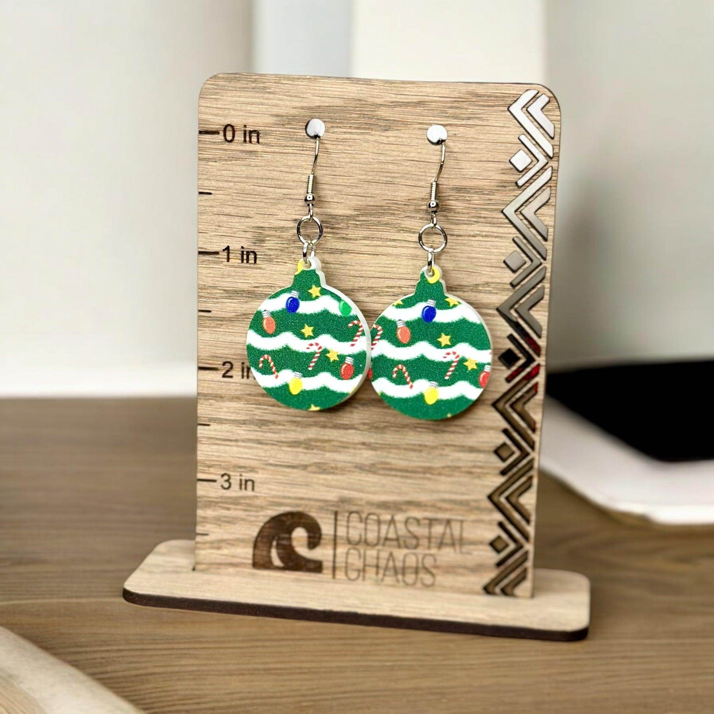 Christmas tree print ornament acrylic dangle & stud Earrings, Christmas present, earrings, sassy, fun, womens gift, jewelry - Coastal Chaos LLC