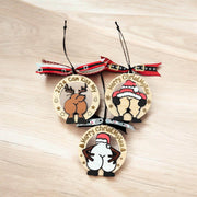 Humorous Wooden Christmas Ornaments - “Merry ChristMyA” and “2024 Can Kiss” - Funny Holiday Decor - Coastal Chaos LLC