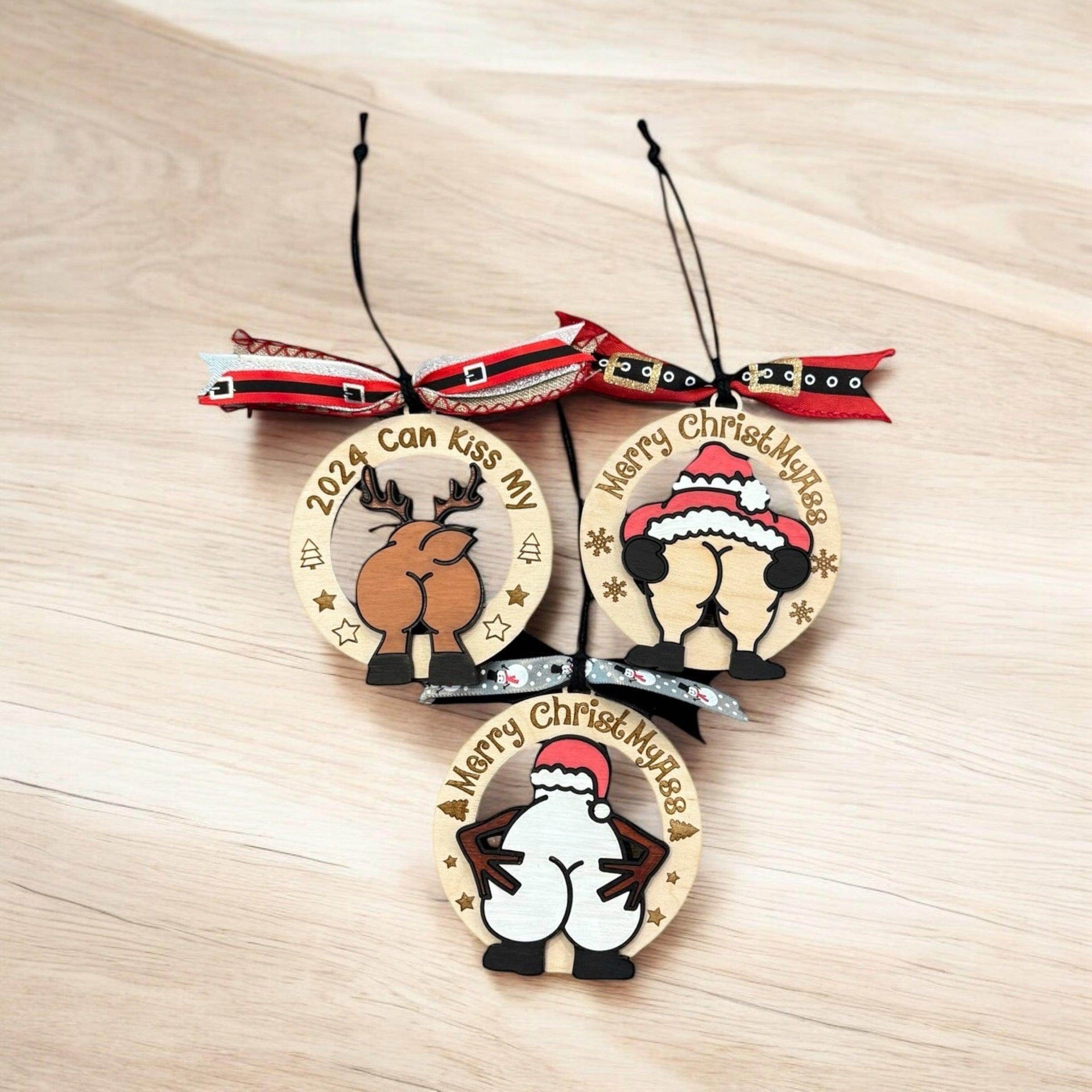 Humorous Wooden Christmas Ornaments - “Merry ChristMyA” and “2024 Can Kiss” - Funny Holiday Decor - Coastal Chaos LLC