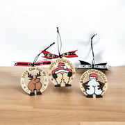 Humorous Wooden Christmas Ornaments - “Merry ChristMyA” and “2024 Can Kiss” - Funny Holiday Decor - Coastal Chaos LLC