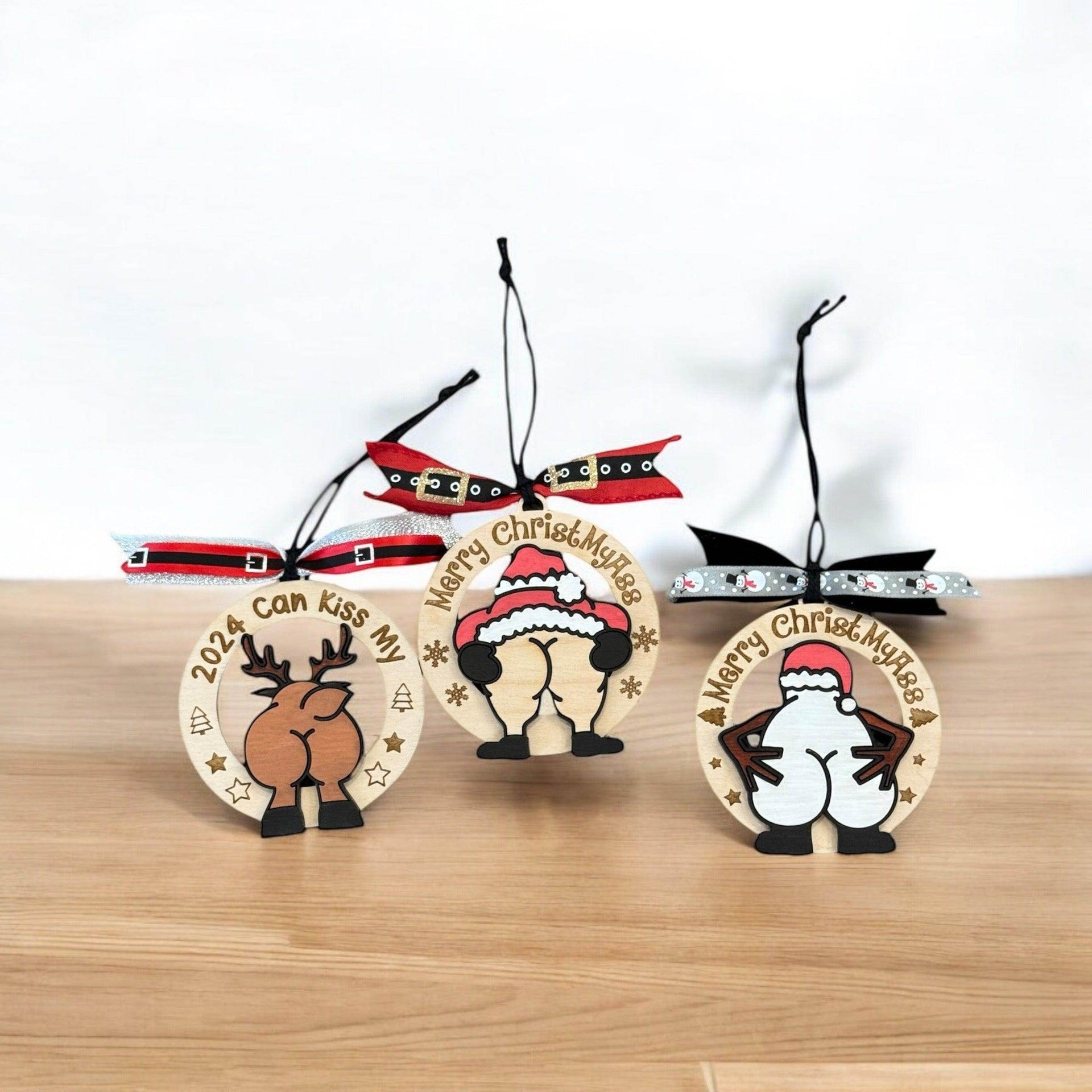 Humorous Wooden Christmas Ornaments - “Merry ChristMyA” and “2024 Can Kiss” - Funny Holiday Decor - Coastal Chaos LLC