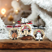 Humorous Wooden Christmas Ornaments - “Merry ChristMyA” and “2024 Can Kiss” - Funny Holiday Decor - Coastal Chaos LLC