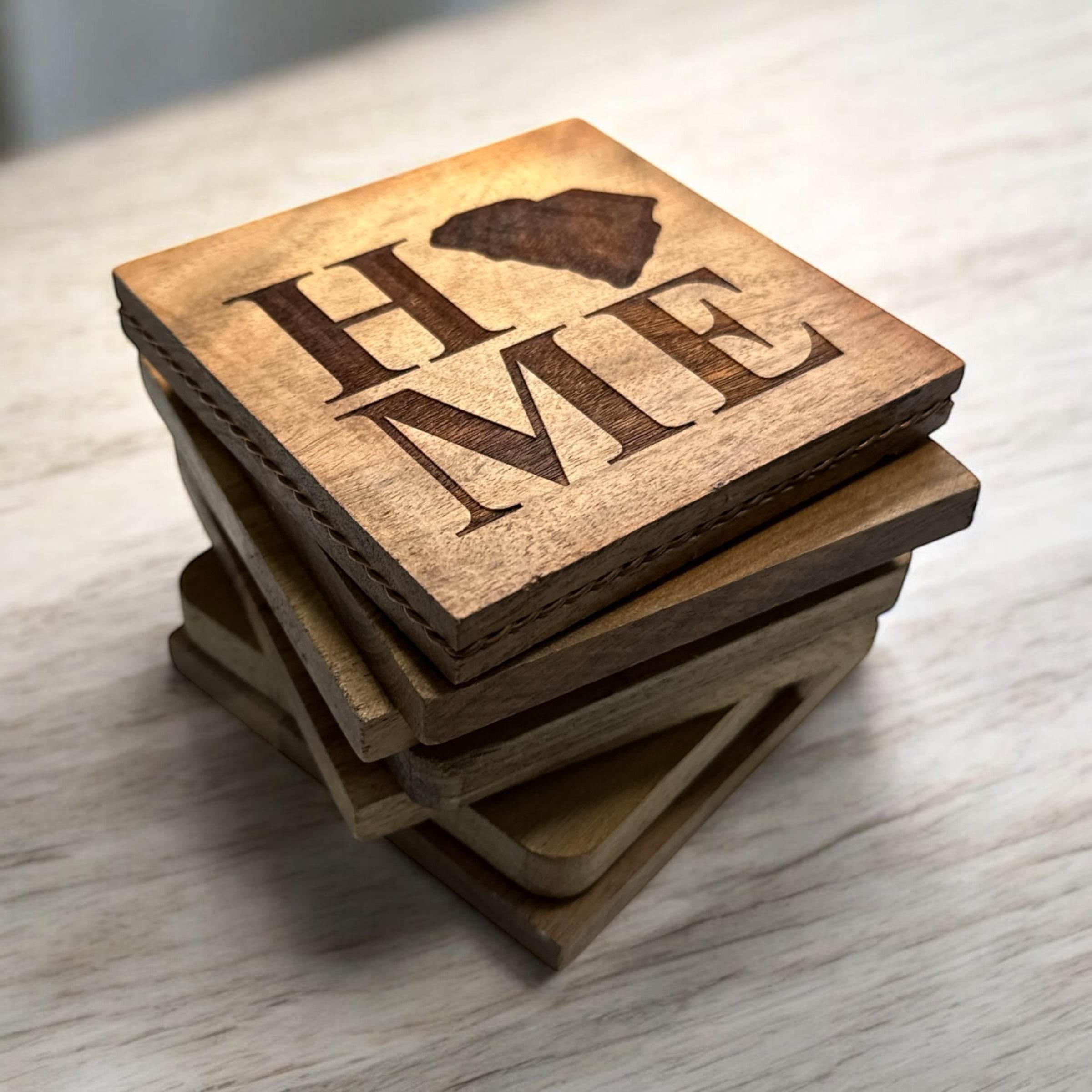 Custom State "HOME" Wooden Coasters – Personalized with Any U.S. State - Coastal Chaos LLC