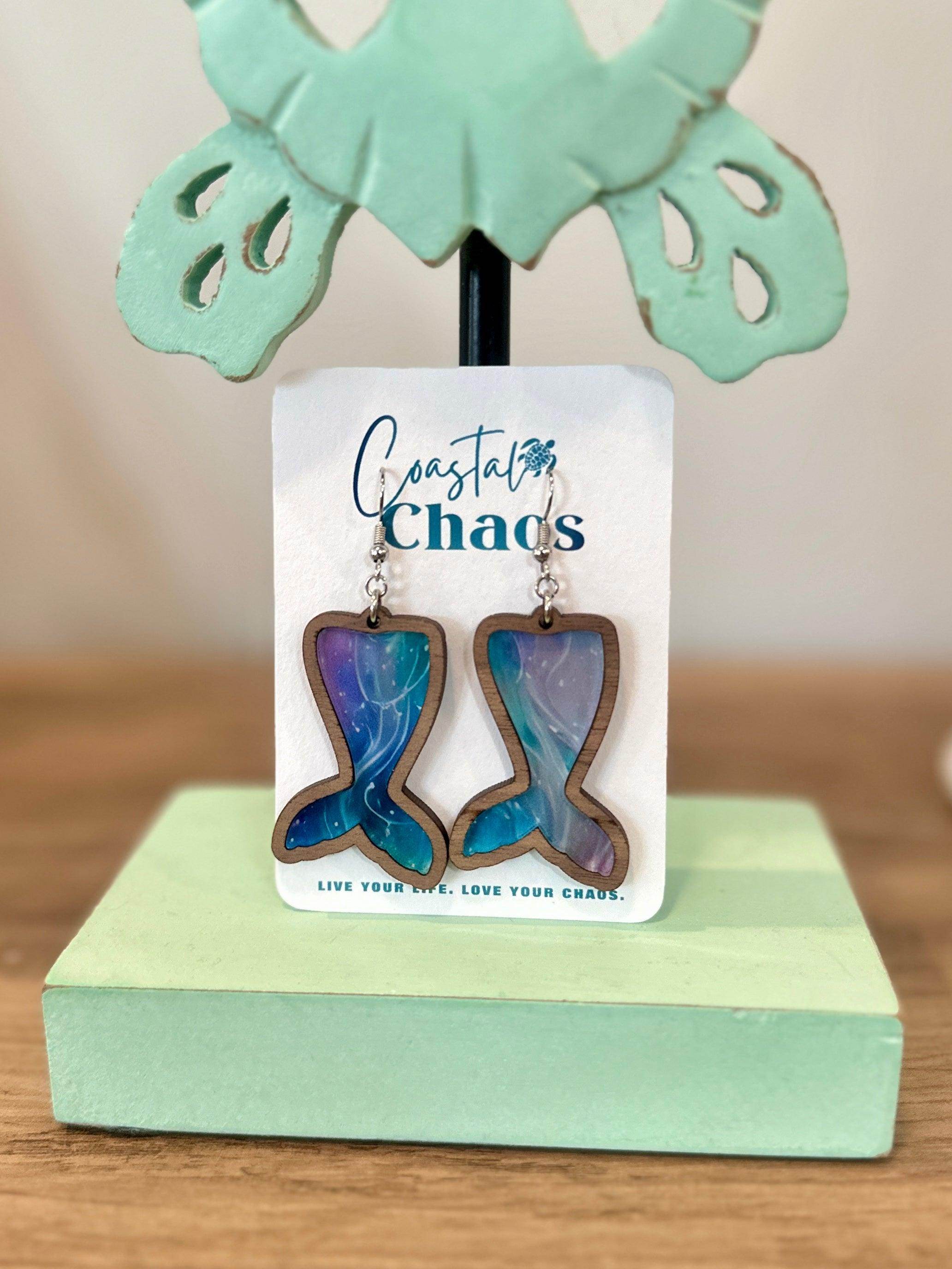 Mermaid tail earrings, walnut wood custom earrings - Coastal Chaos LLC