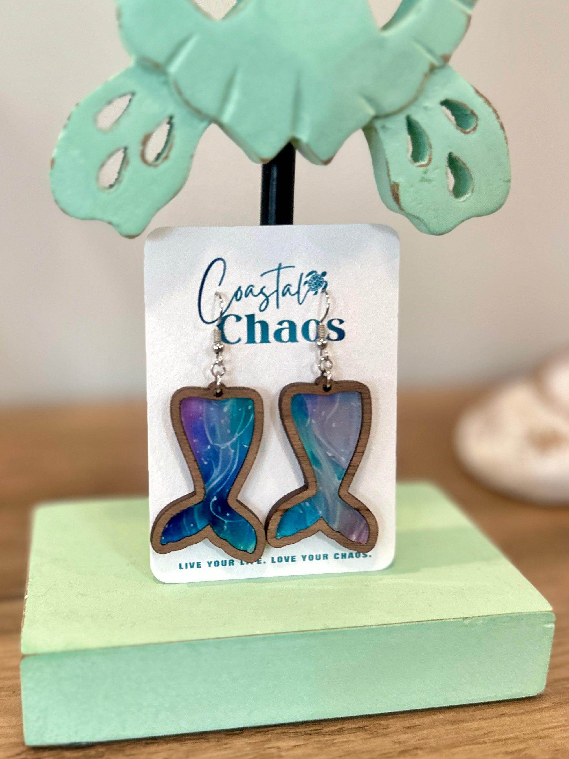 Mermaid tail earrings, walnut wood custom earrings - Coastal Chaos LLC