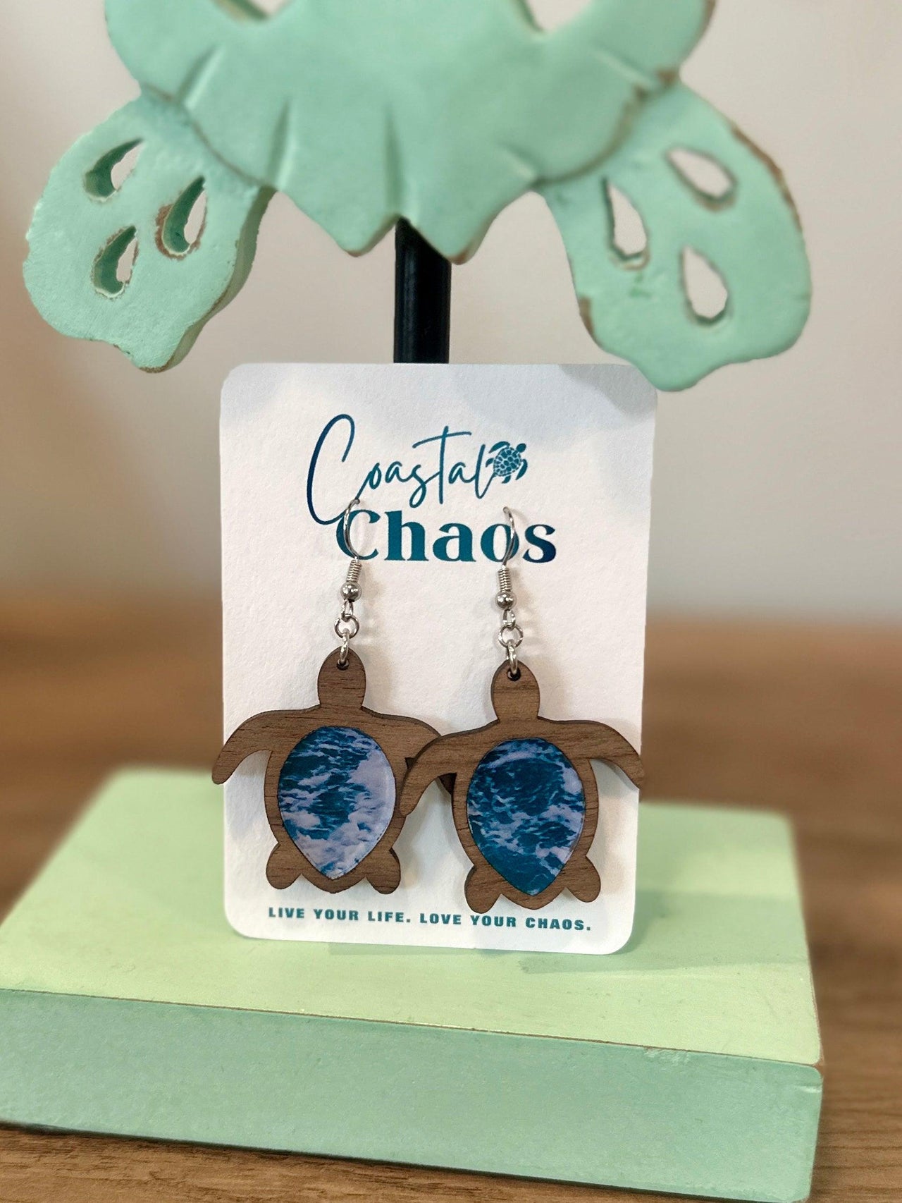 Sea turtle earrings, walnut wood custom earrings - Coastal Chaos LLC