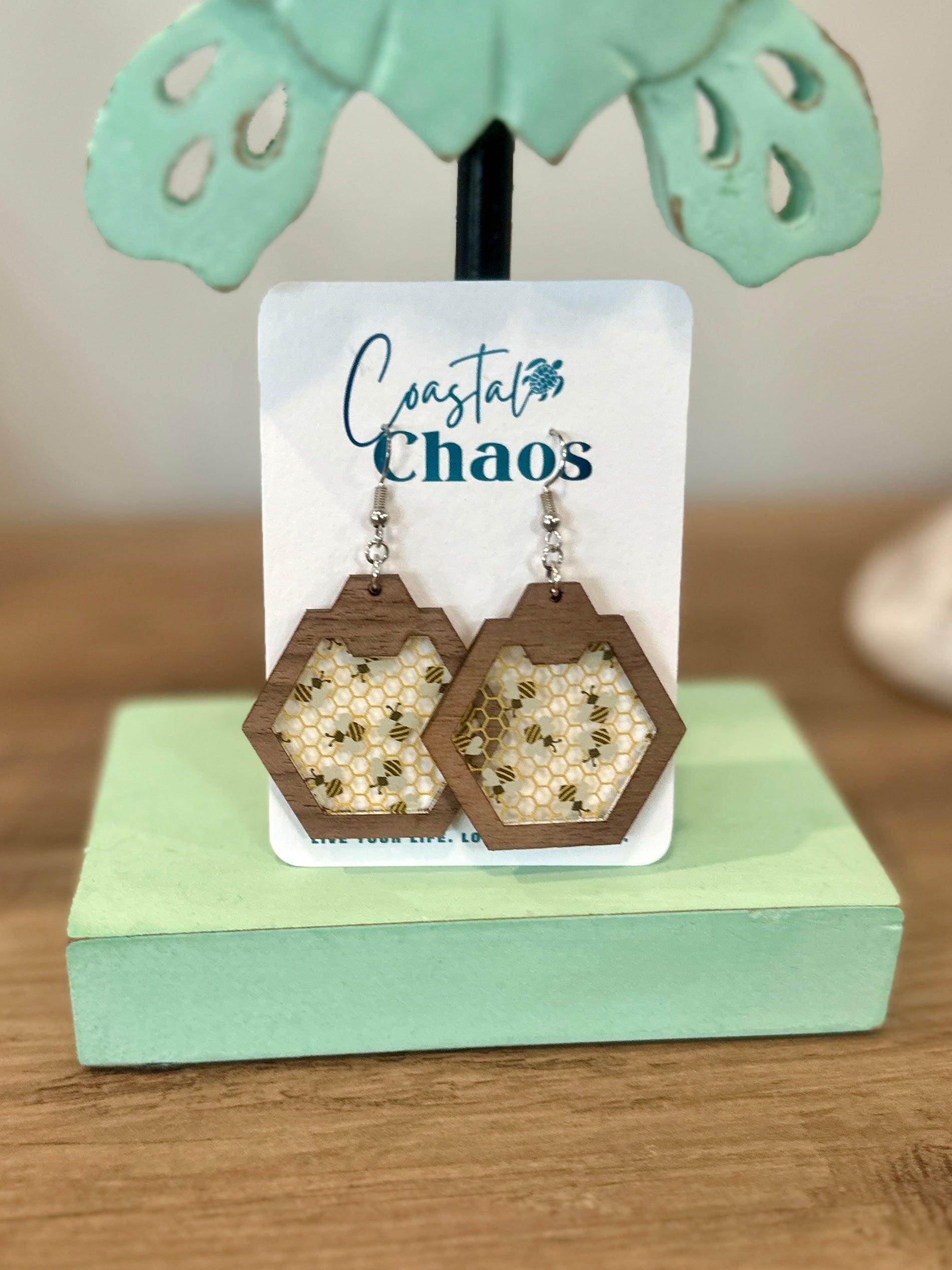 Bee earrings, walnut wood custom earrings, honeycomb earrings - Coastal Chaos LLC