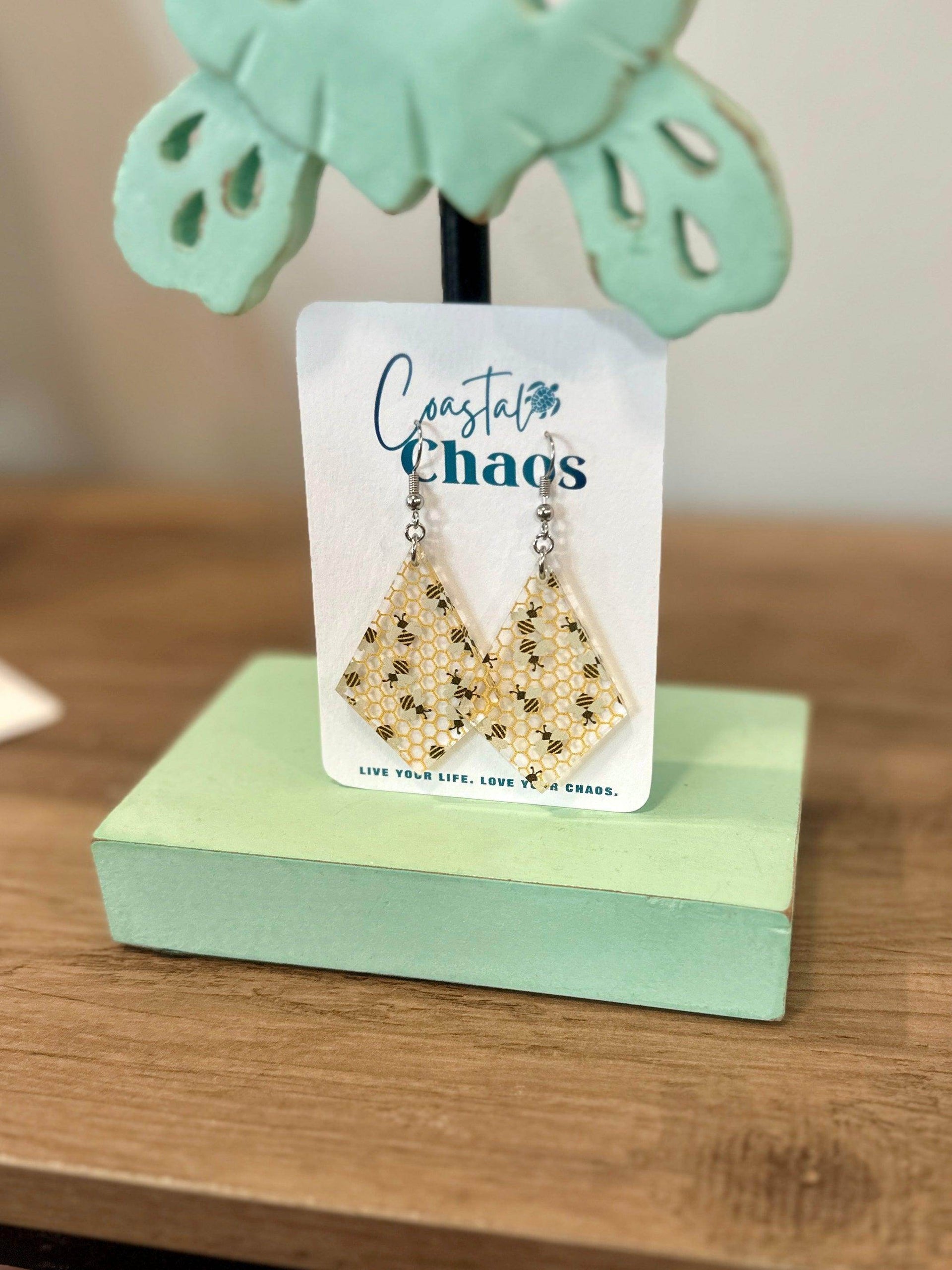 Honeybee earrings, acrylic earrings, honeycomb earrings - Coastal Chaos LLC