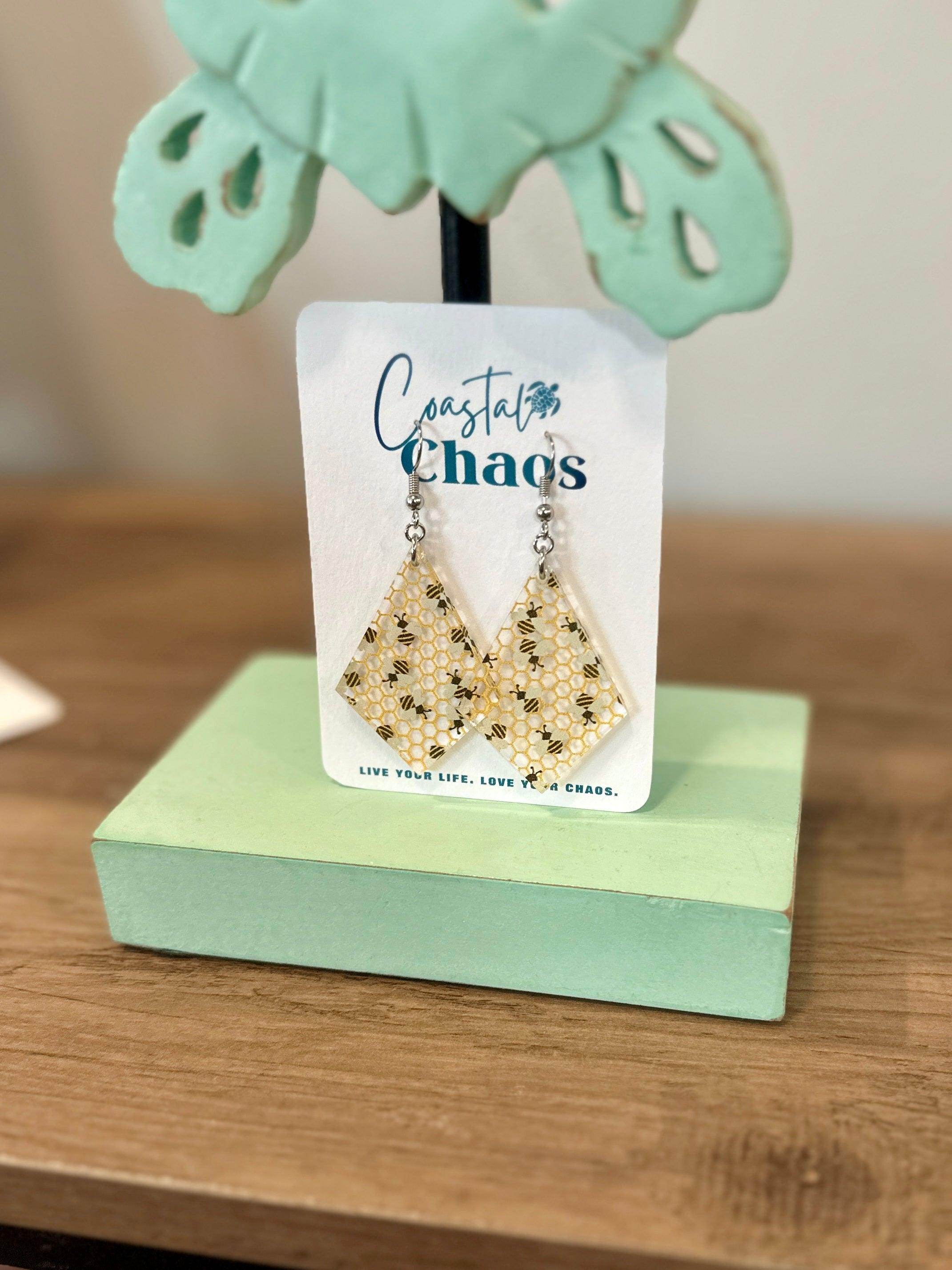 Honeybee earrings, acrylic earrings, honeycomb earrings - Coastal Chaos LLC