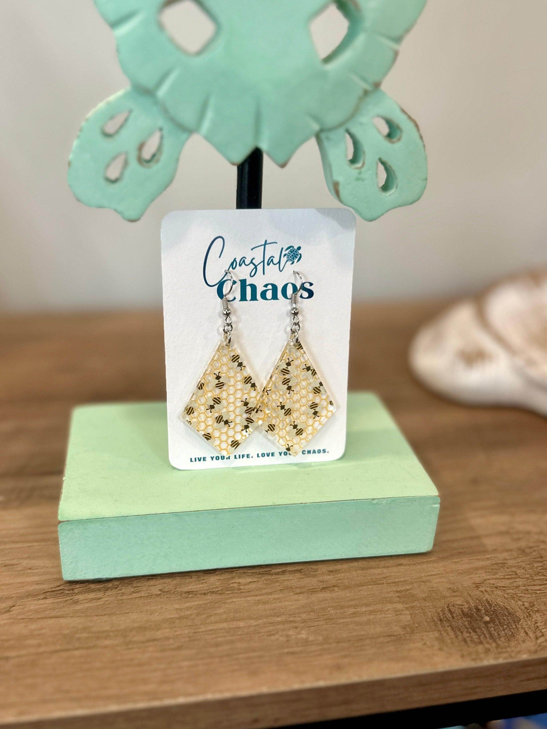 Honeybee earrings, acrylic earrings, honeycomb earrings - Coastal Chaos LLC