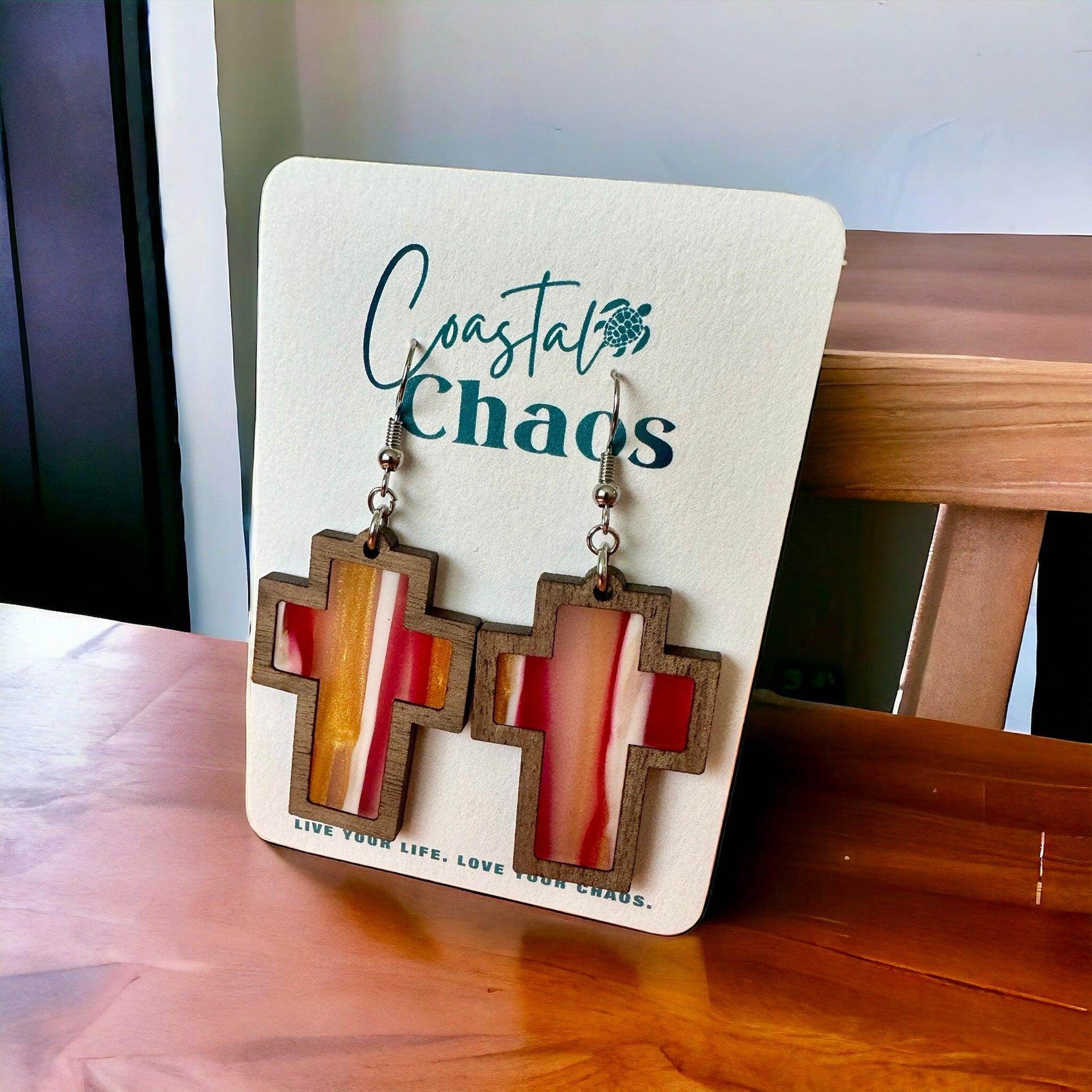 Cross earrings, walnut wood custom earrings - Coastal Chaos LLC