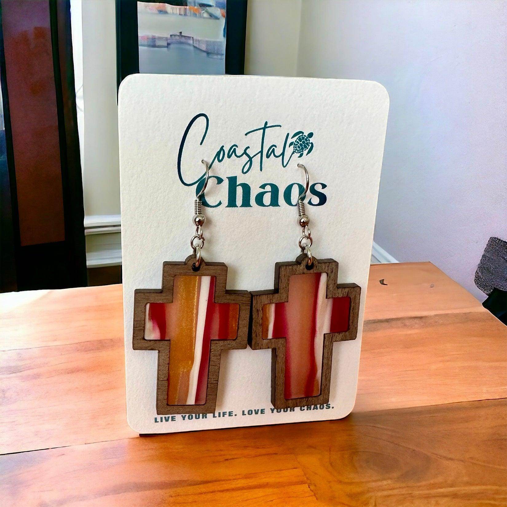 Cross earrings, walnut wood custom earrings - Coastal Chaos LLC