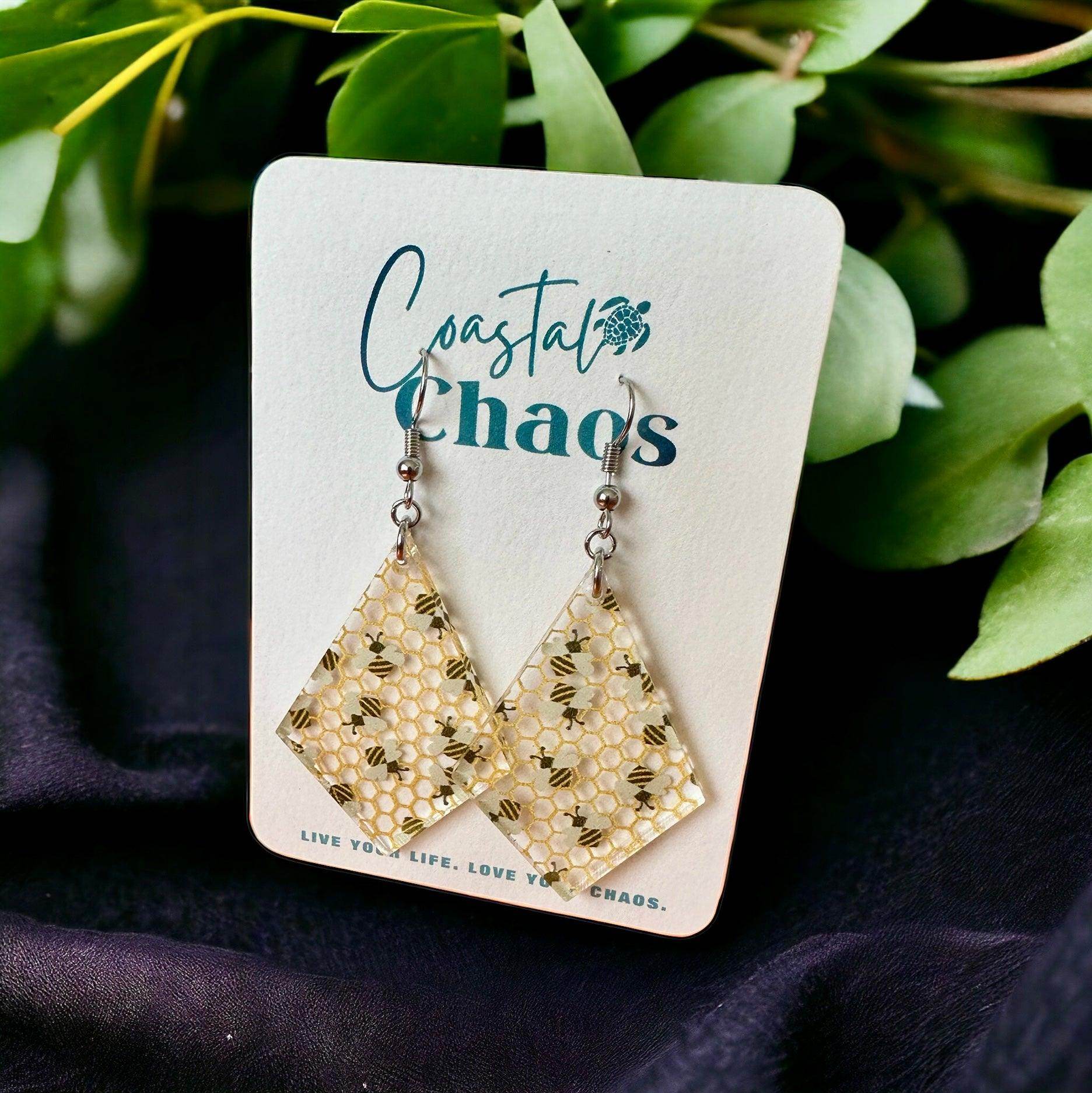 Honeybee earrings, acrylic earrings, honeycomb earrings - Coastal Chaos LLC