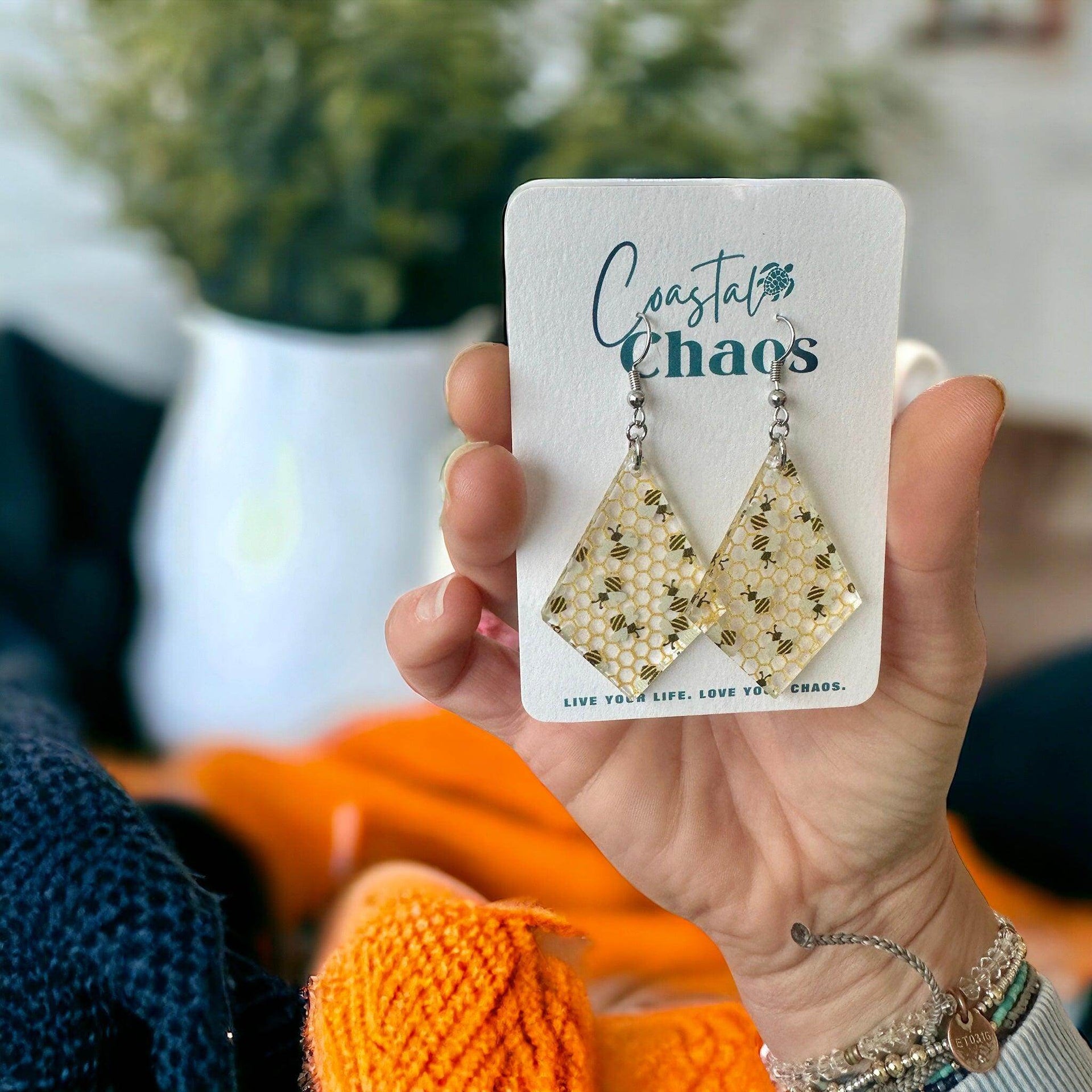 Honeybee earrings, acrylic earrings, honeycomb earrings - Coastal Chaos LLC