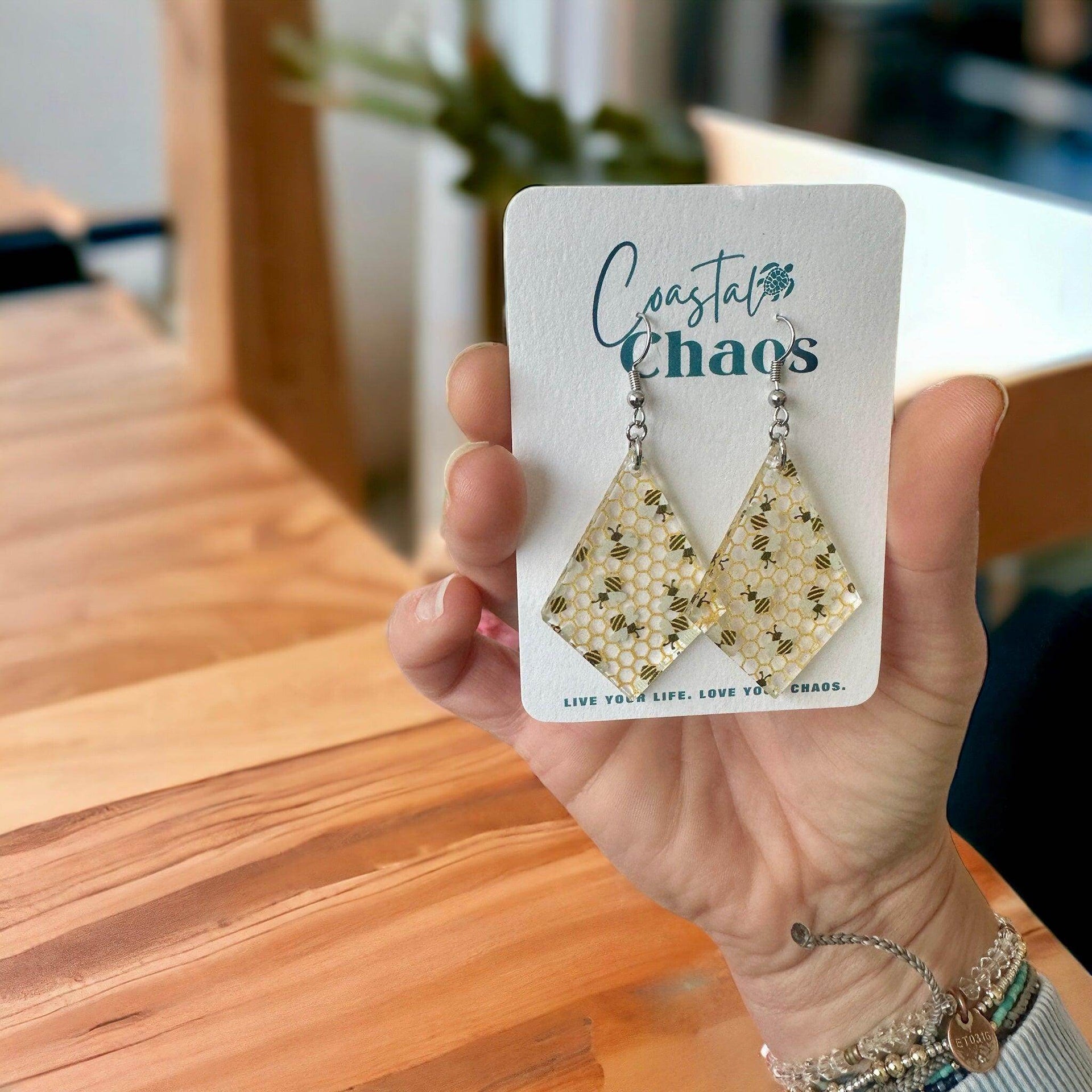 Honeybee earrings, acrylic earrings, honeycomb earrings - Coastal Chaos LLC