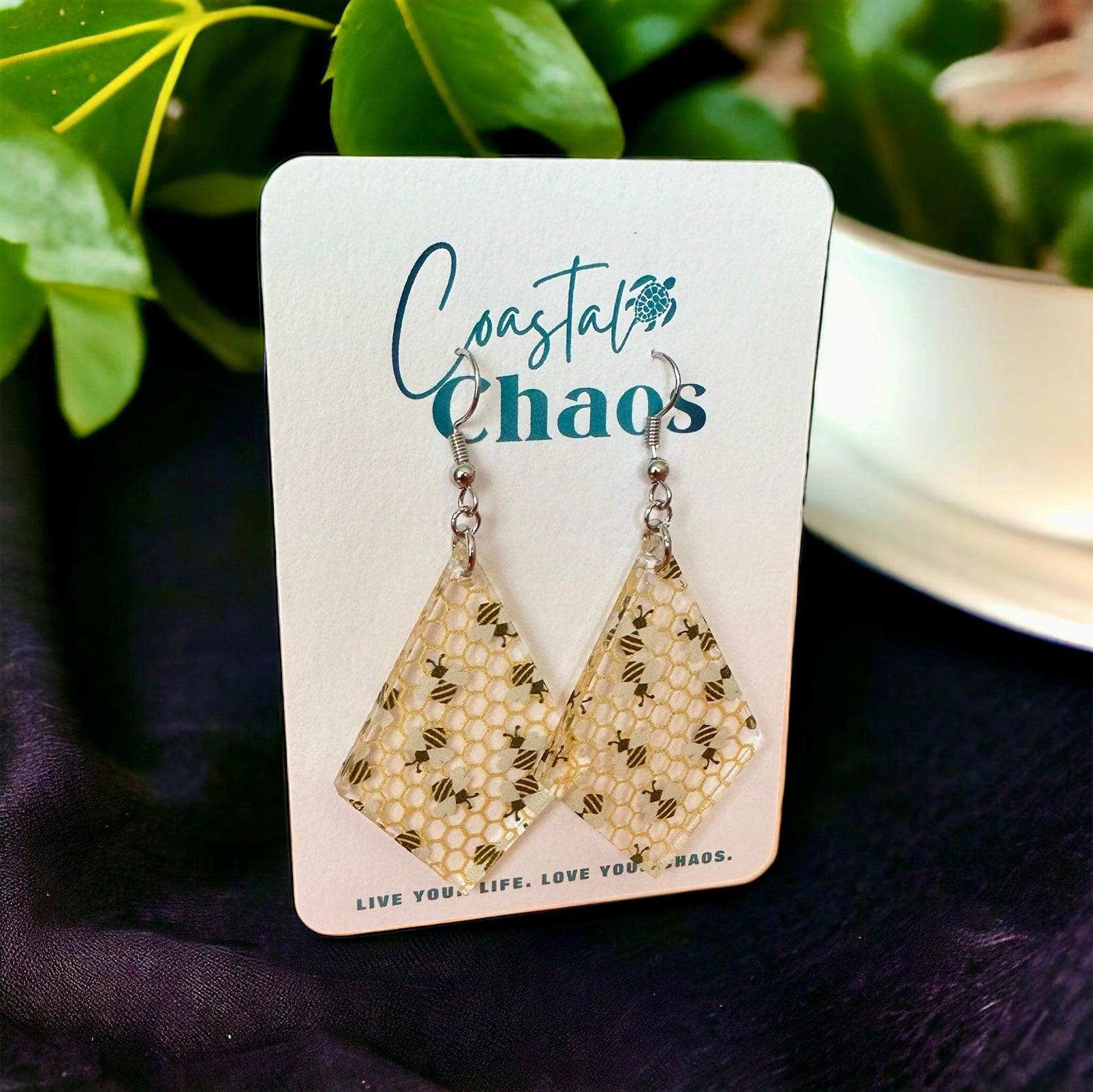 Honeybee earrings, acrylic earrings, honeycomb earrings - Coastal Chaos LLC