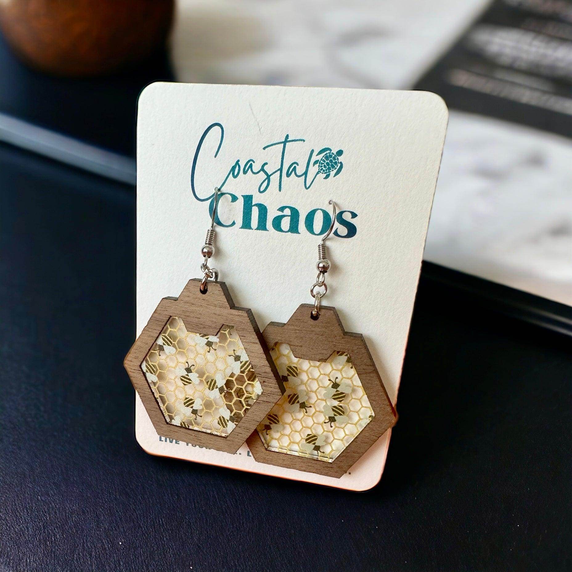 Bee earrings, walnut wood custom earrings, honeycomb earrings - Coastal Chaos LLC