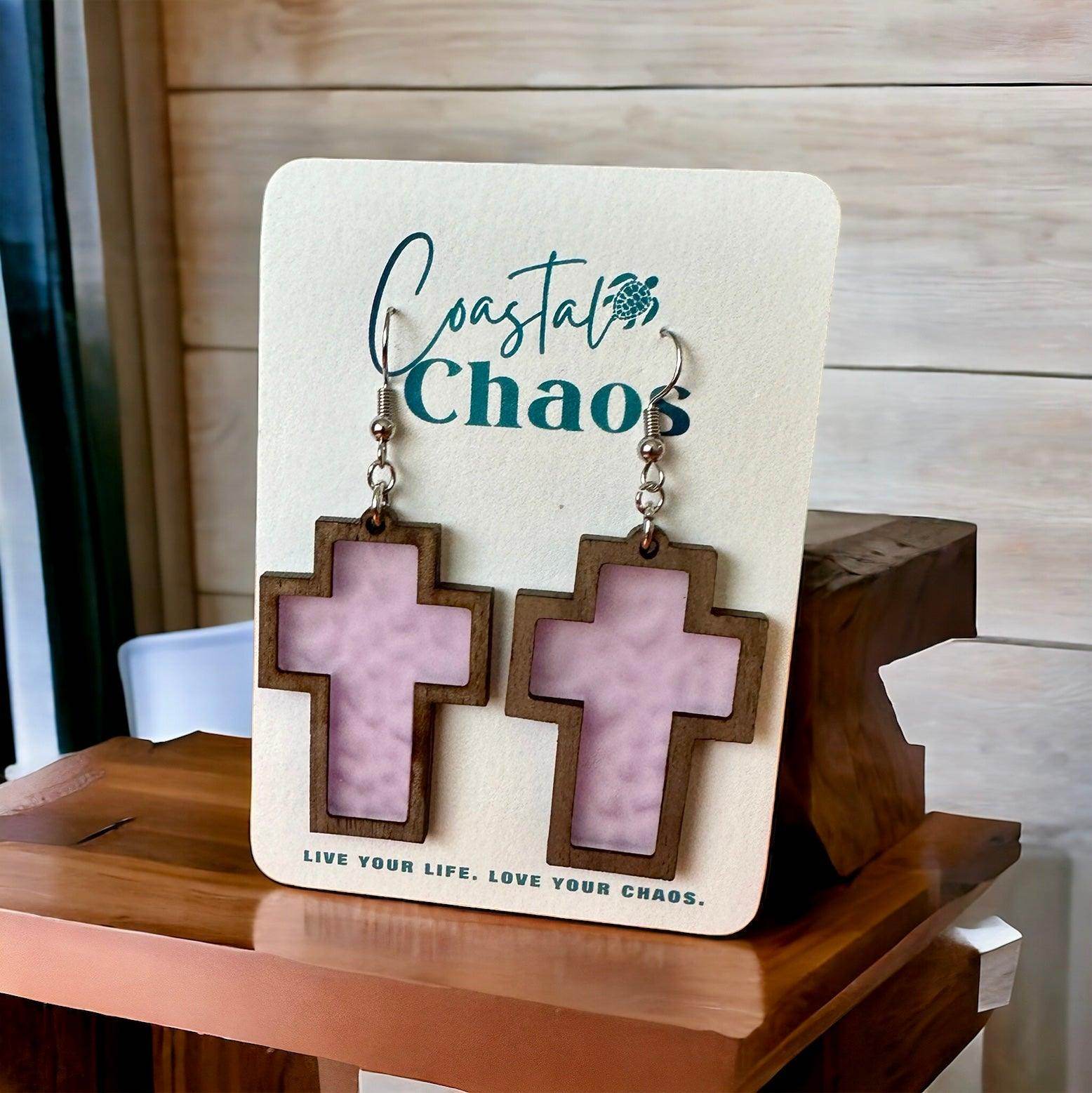 Cross earrings, walnut wood custom earrings - Coastal Chaos LLC