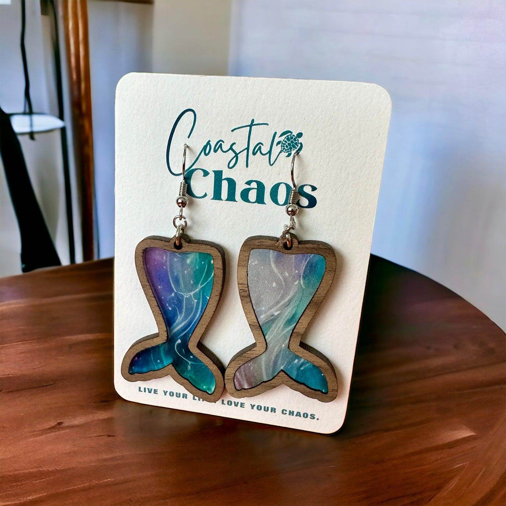 Mermaid tail earrings, walnut wood custom earrings - Coastal Chaos LLC