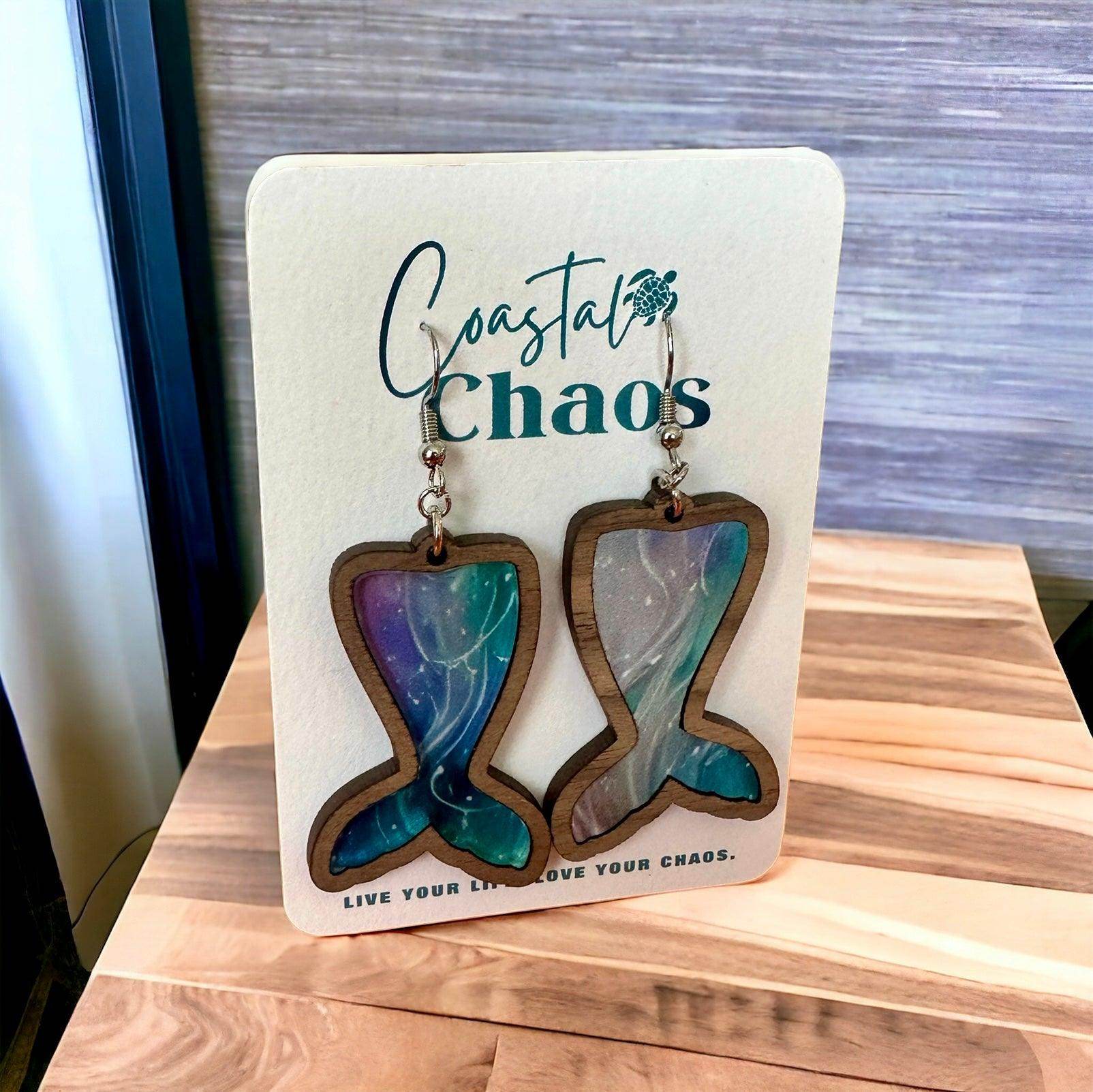 Mermaid tail earrings, walnut wood custom earrings - Coastal Chaos LLC