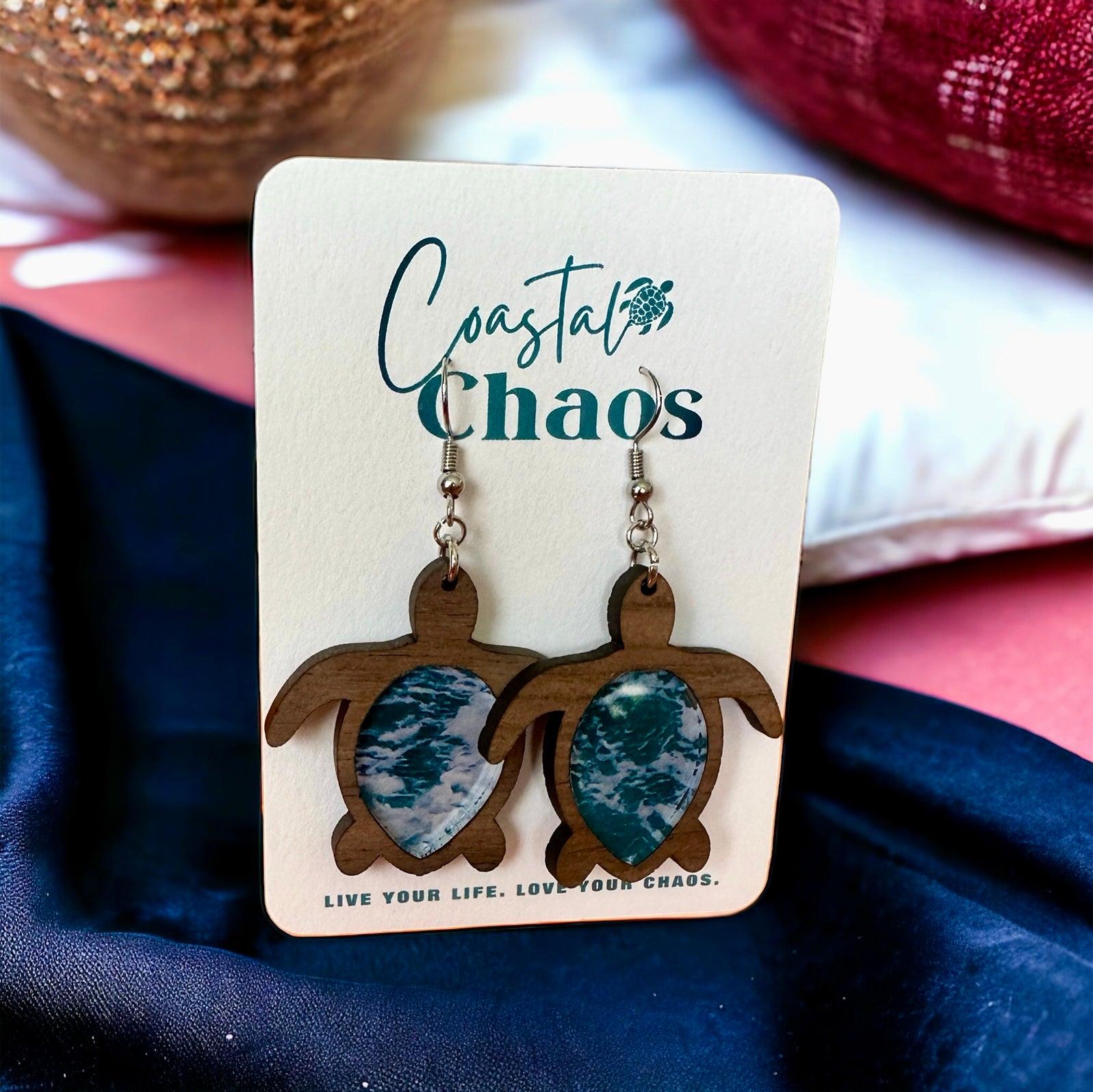 Sea turtle earrings, walnut wood custom earrings - Coastal Chaos LLC