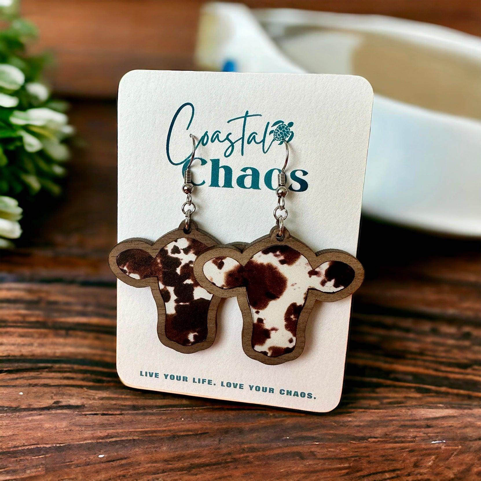 Cow earrings, walnut wood custom earrings - Coastal Chaos LLC