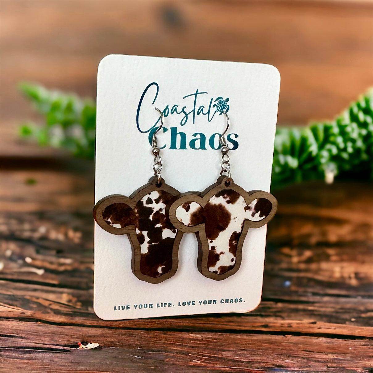 Cow earrings, walnut wood custom earrings - Coastal Chaos LLC