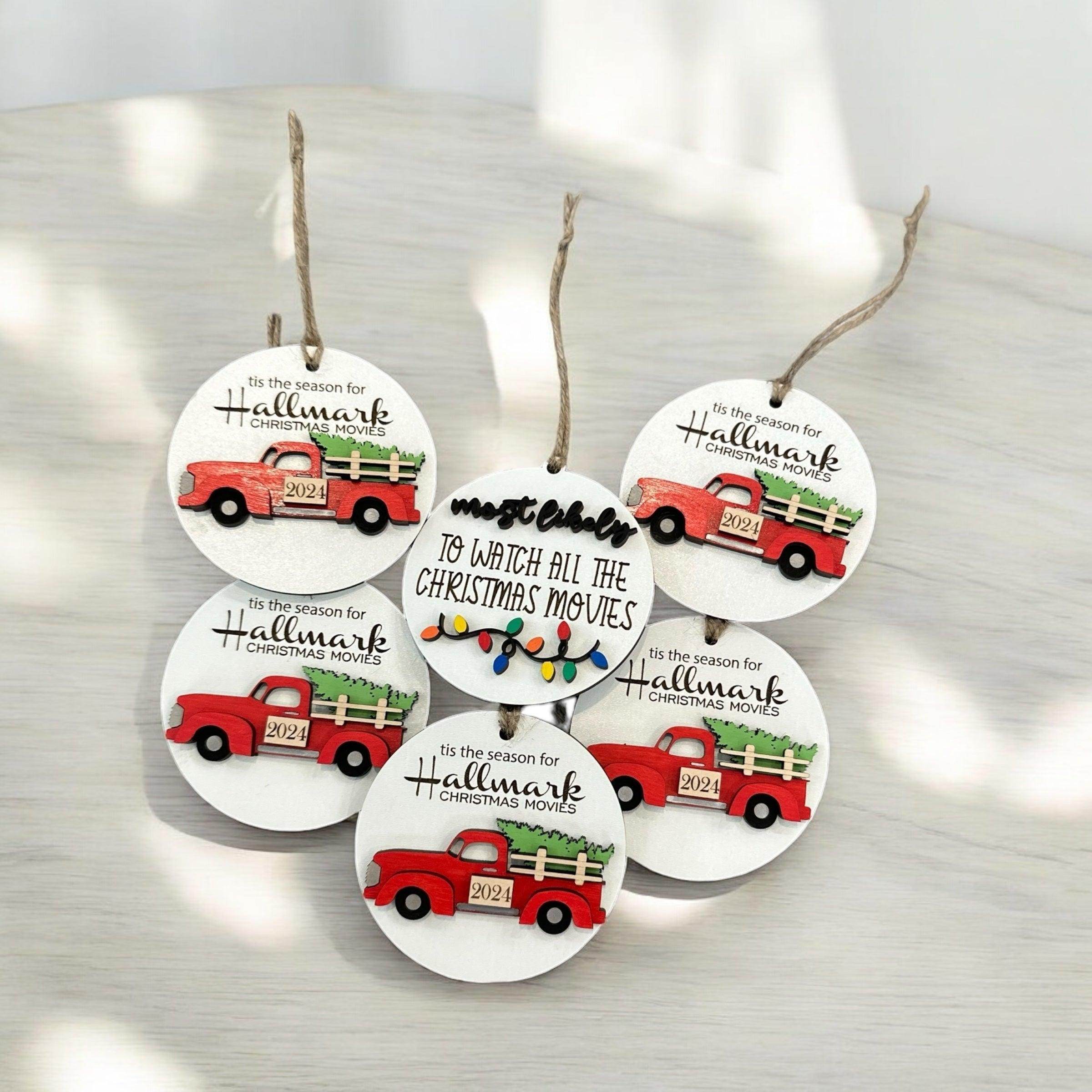 Custom wooden ornament, Hallmark ornament, hallmark movies watching, present, decor, Christmas movies, red truck - Coastal Chaos LLC