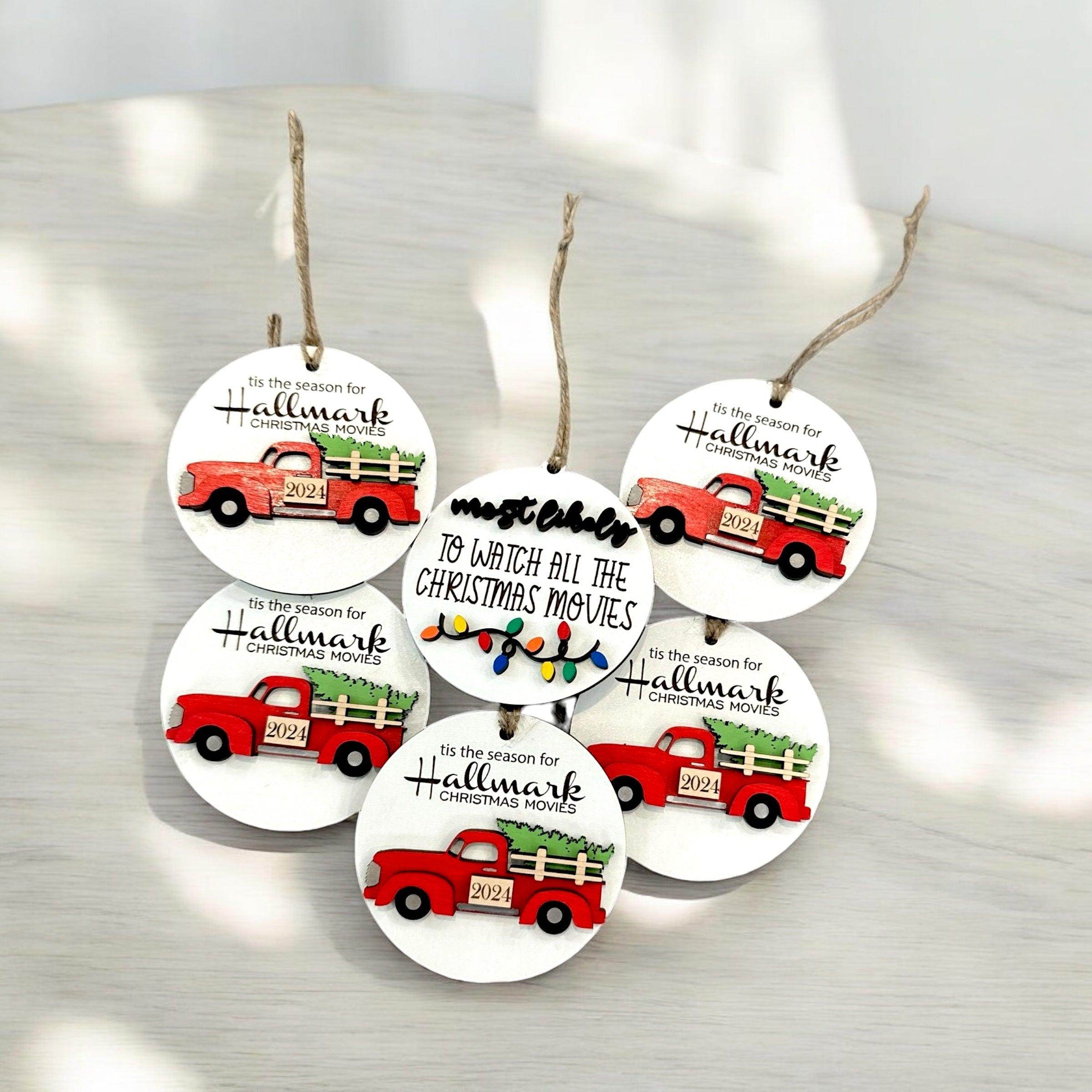 Custom wooden ornament, Hallmark ornament, hallmark movies watching, present, decor, Christmas movies, red truck - Coastal Chaos LLC