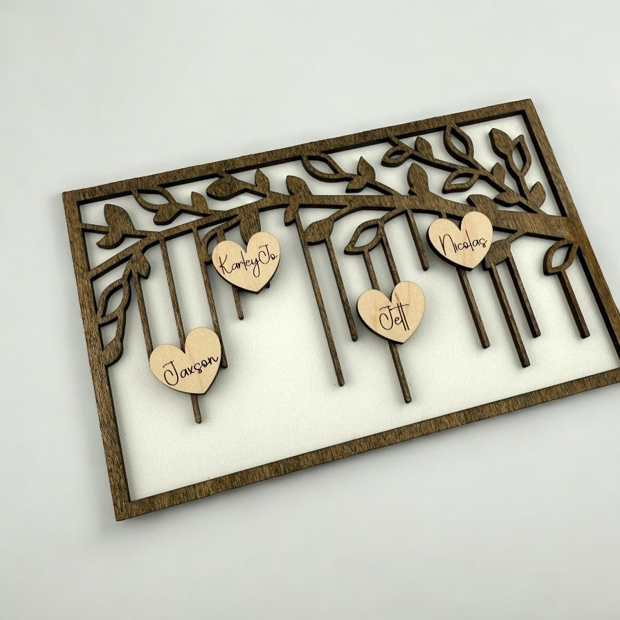 Personalized Family Tree Sign – Custom Wood Sign with Hanging Heart Names | Laser Cut Decor