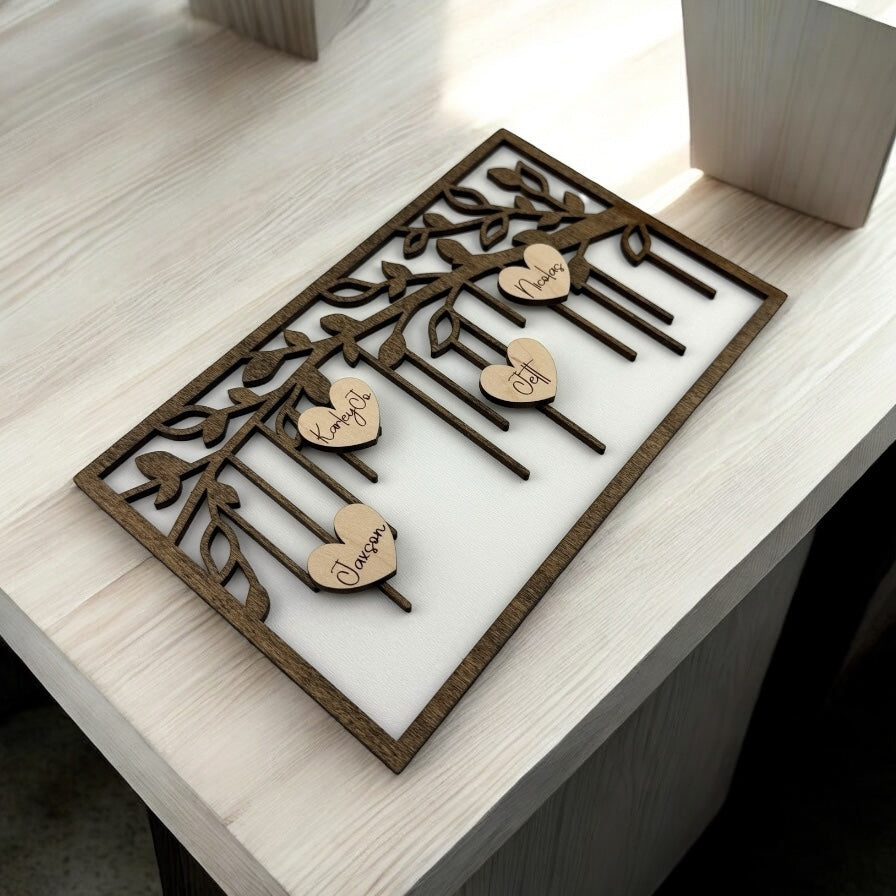 Personalized Family Tree Sign – Custom Wood Sign with Hanging Heart Names | Laser Cut Decor