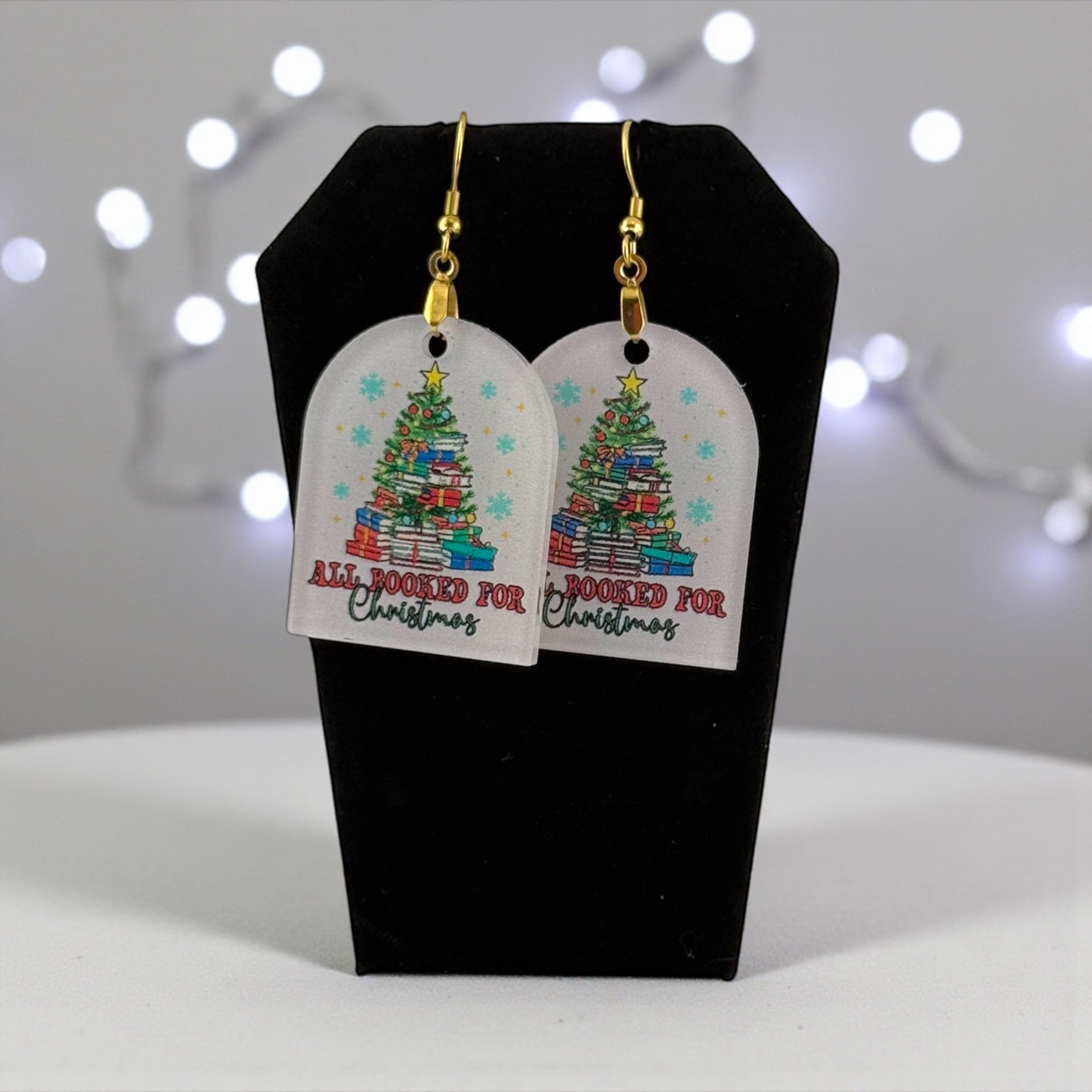 Book Lover Earrings – Handmade Christmas Jewelry | Festive Acrylic Drop Earrings
