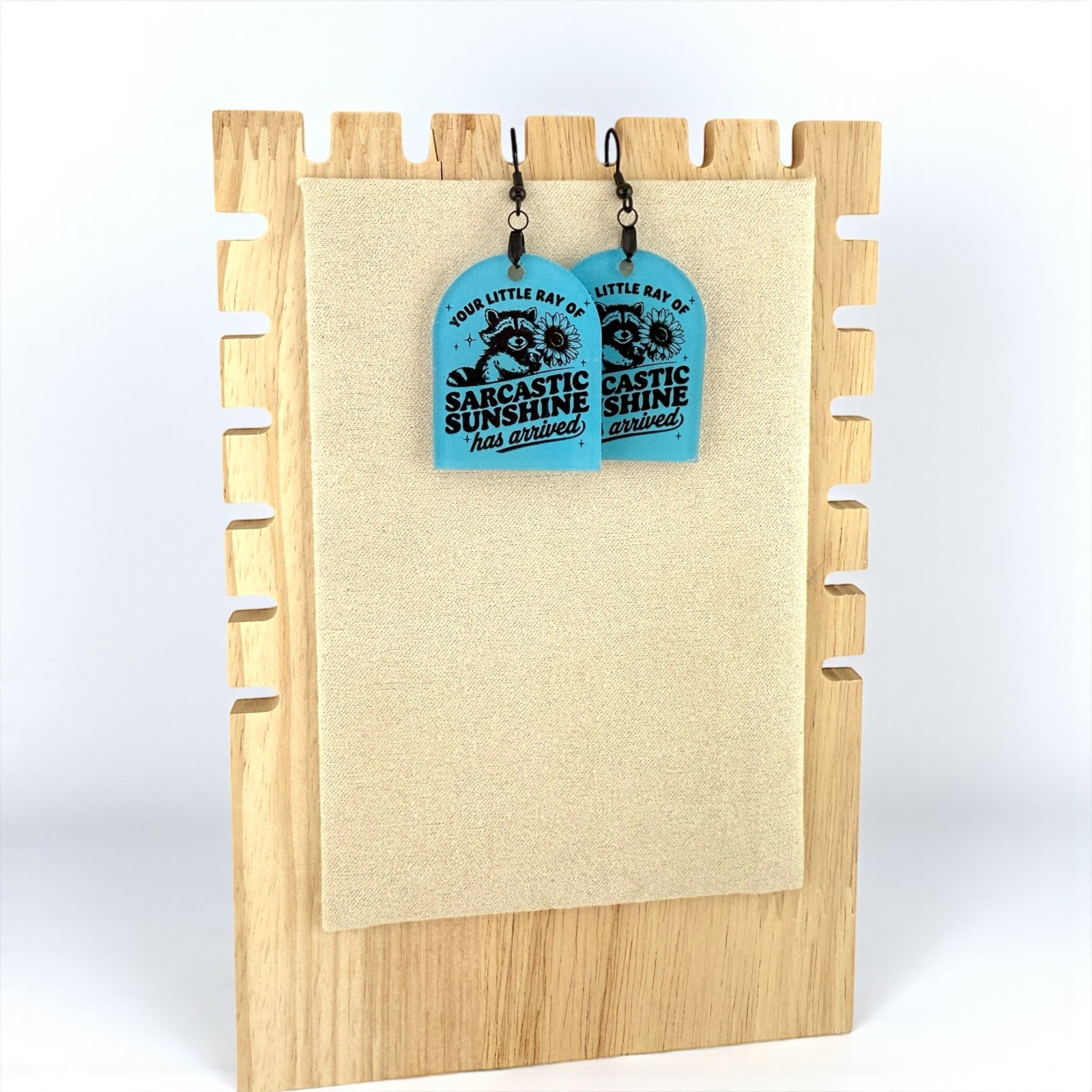 Sarcastic Sunshine Earrings – Blue Acrylic Dangle Earrings with Funny Raccoon Design